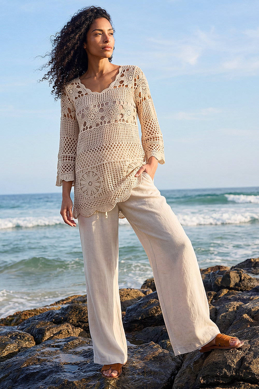 Natural Floral Crochet Tunic Top, Image 1 of 4