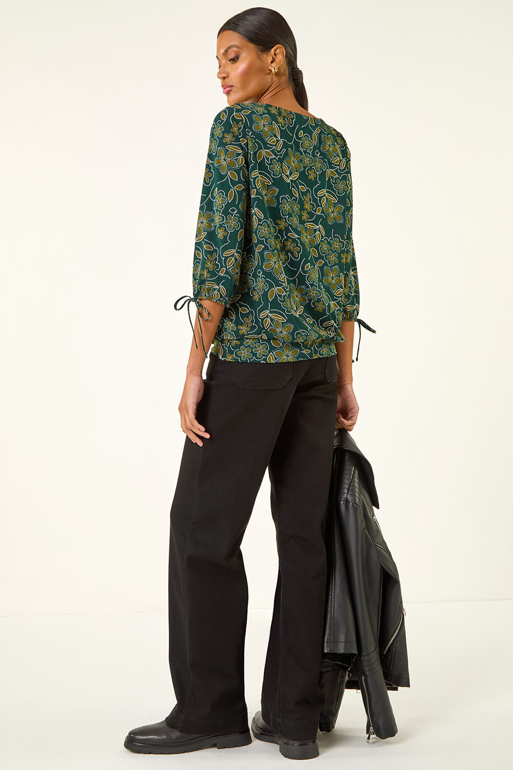 Olive Floral V-Neck Stretch Top, Image 5 of 6