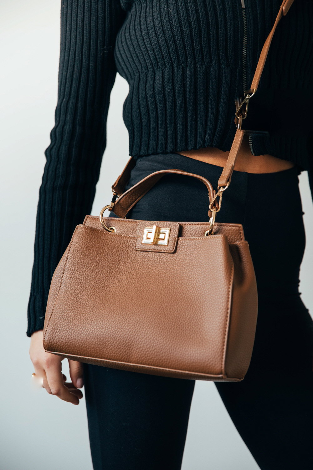 Brown Brown Faux Leather Handbag With Gold Trim