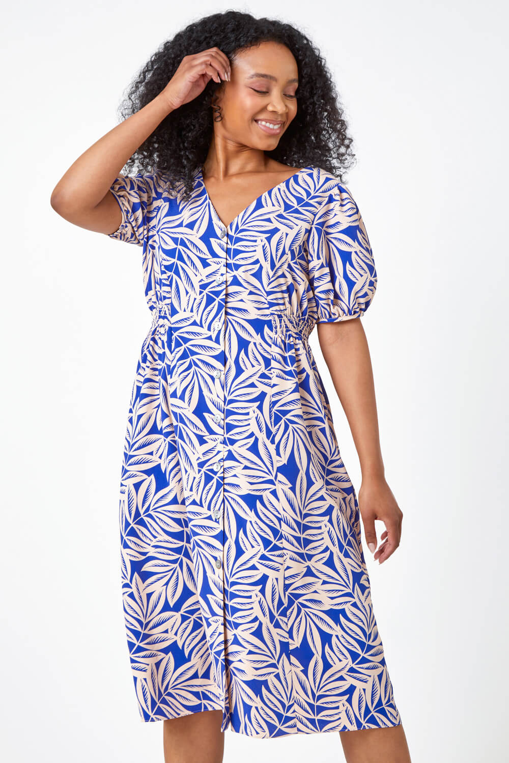 Blue Petite Leaf Print Button Midi Dress, Image 3 of 5