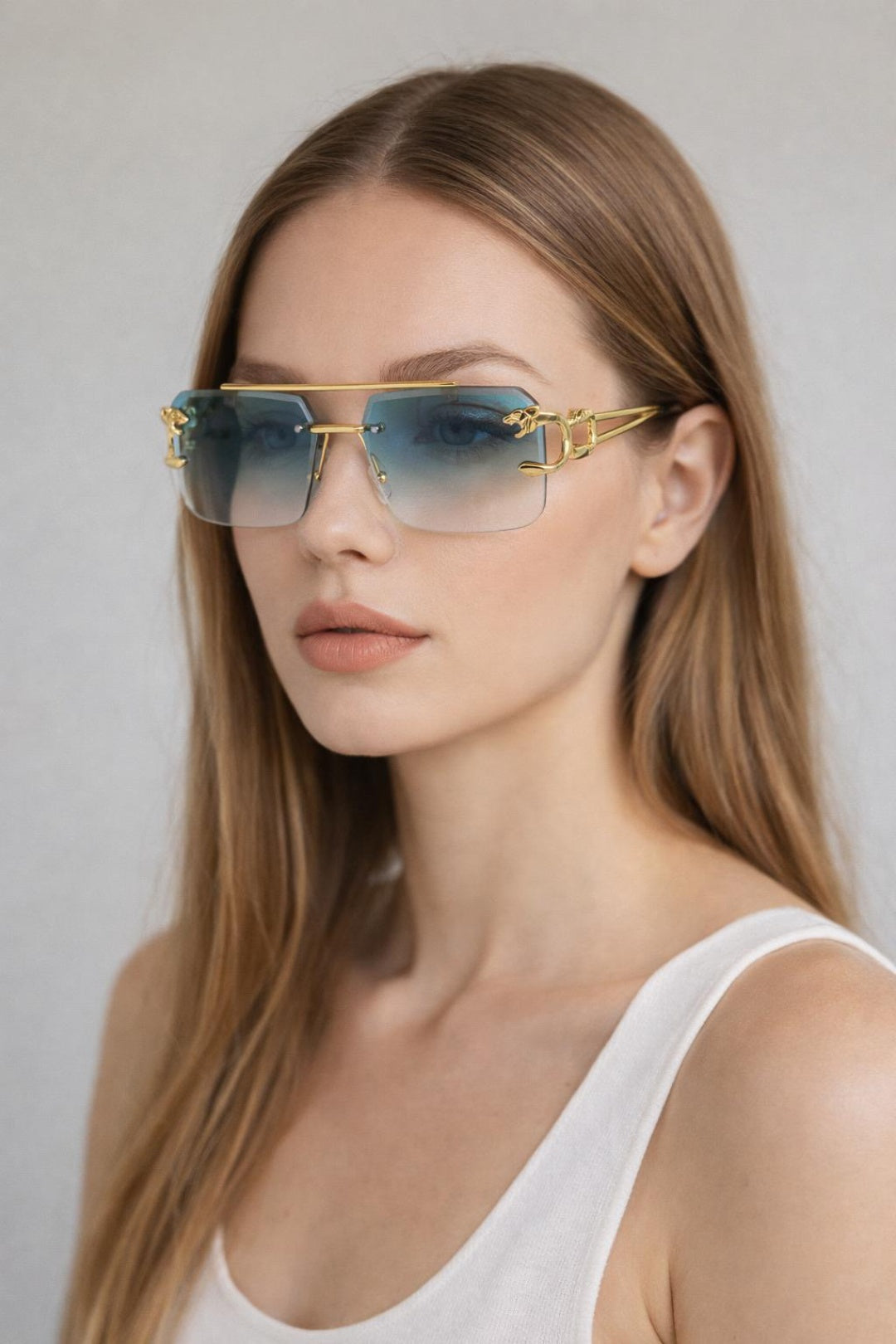 Blue SVNX Blue Rimeless Navigator With Side Detail Sunglasses In Blue, Image 1 of 5