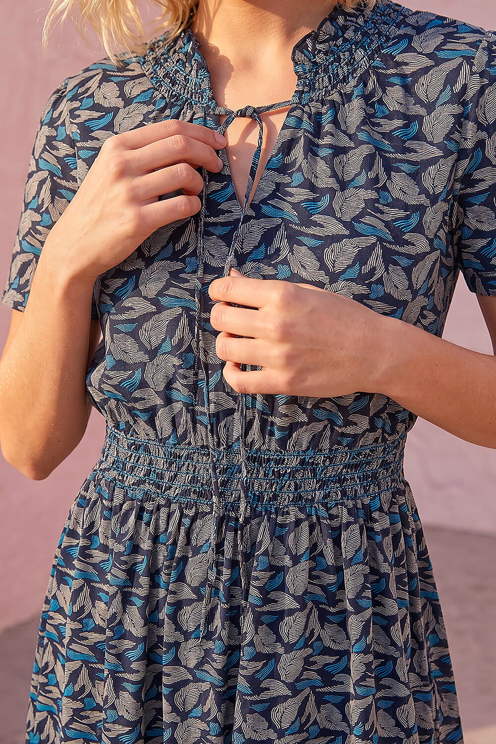 Navy Petite Shirred Waist Dress, Image 5 of 4