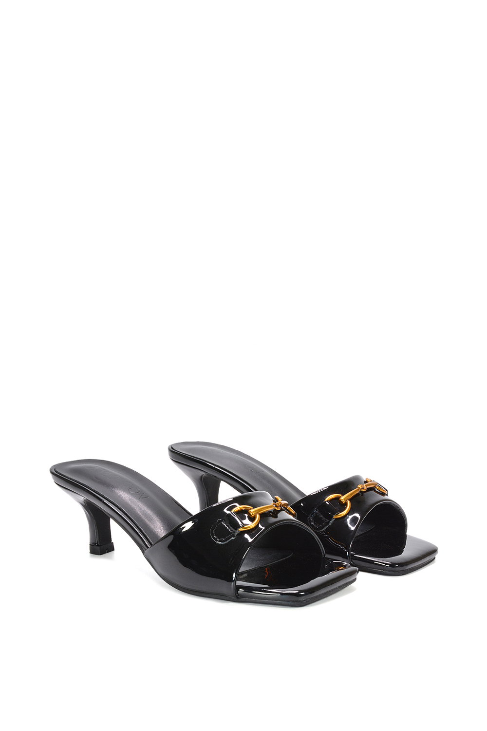 Black XY LONDON Black 'Toni' Square Toe Mule Heeled Sandals With Decorative Buckle, Image 3 of 6