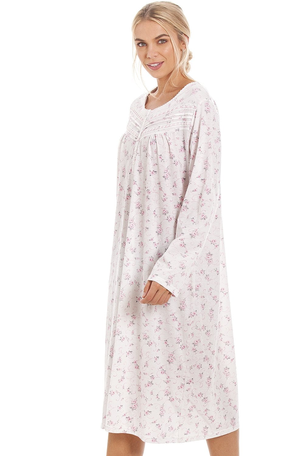 Pink Camille Lingerie Pink Rose Print Long Sleeve Nightdress, Image 3 of 6