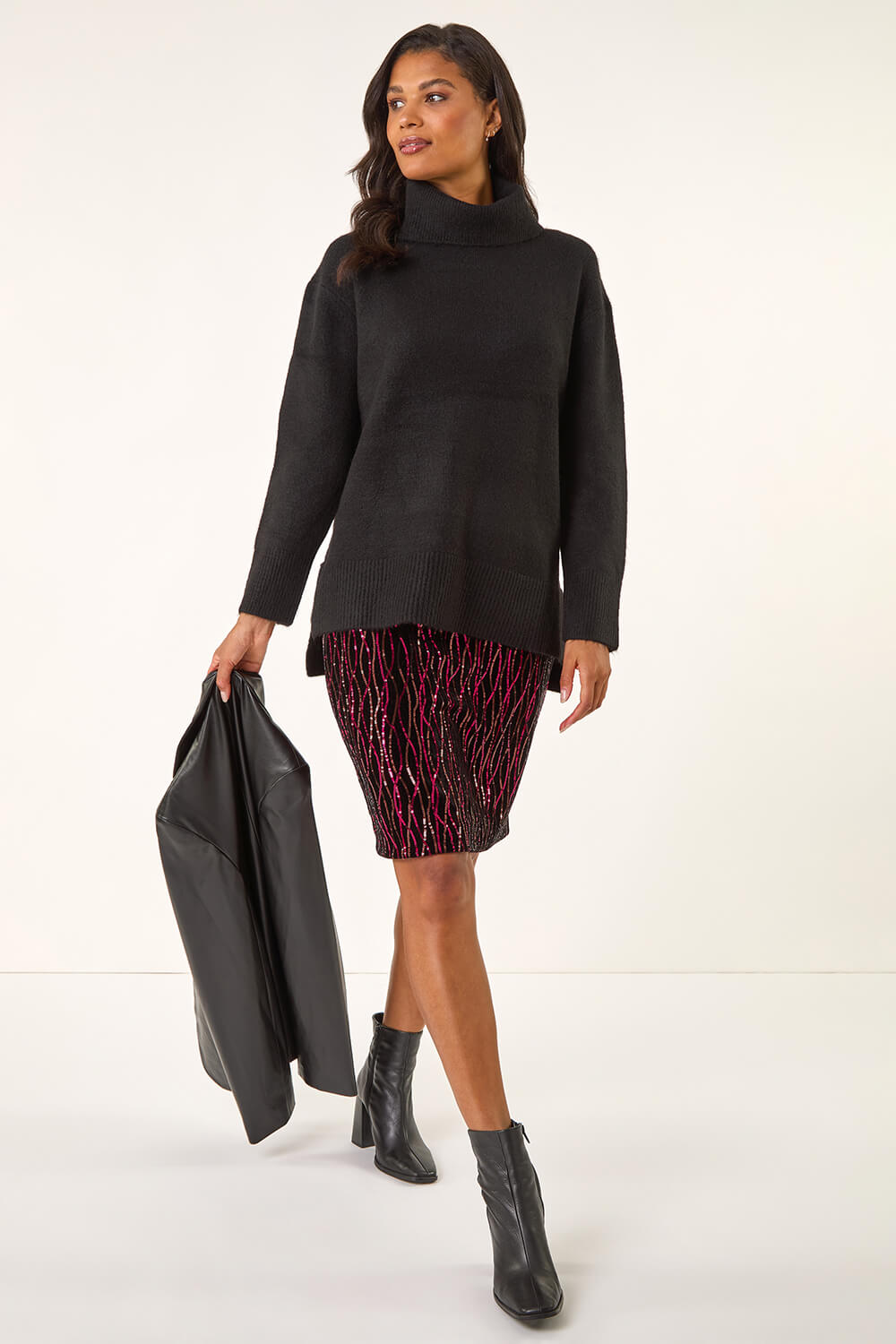 Fuchsia Velvet Sequin Detail Pencil Skirt, Image 4 of 5