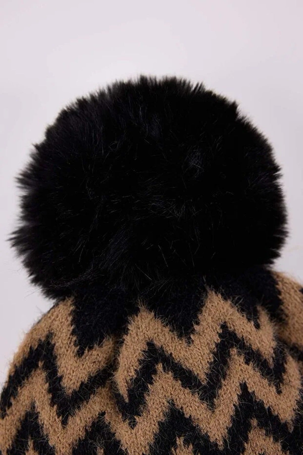 Black Zig Zag Knit Pom Pom Beanie Hat, Image 3 of 4
