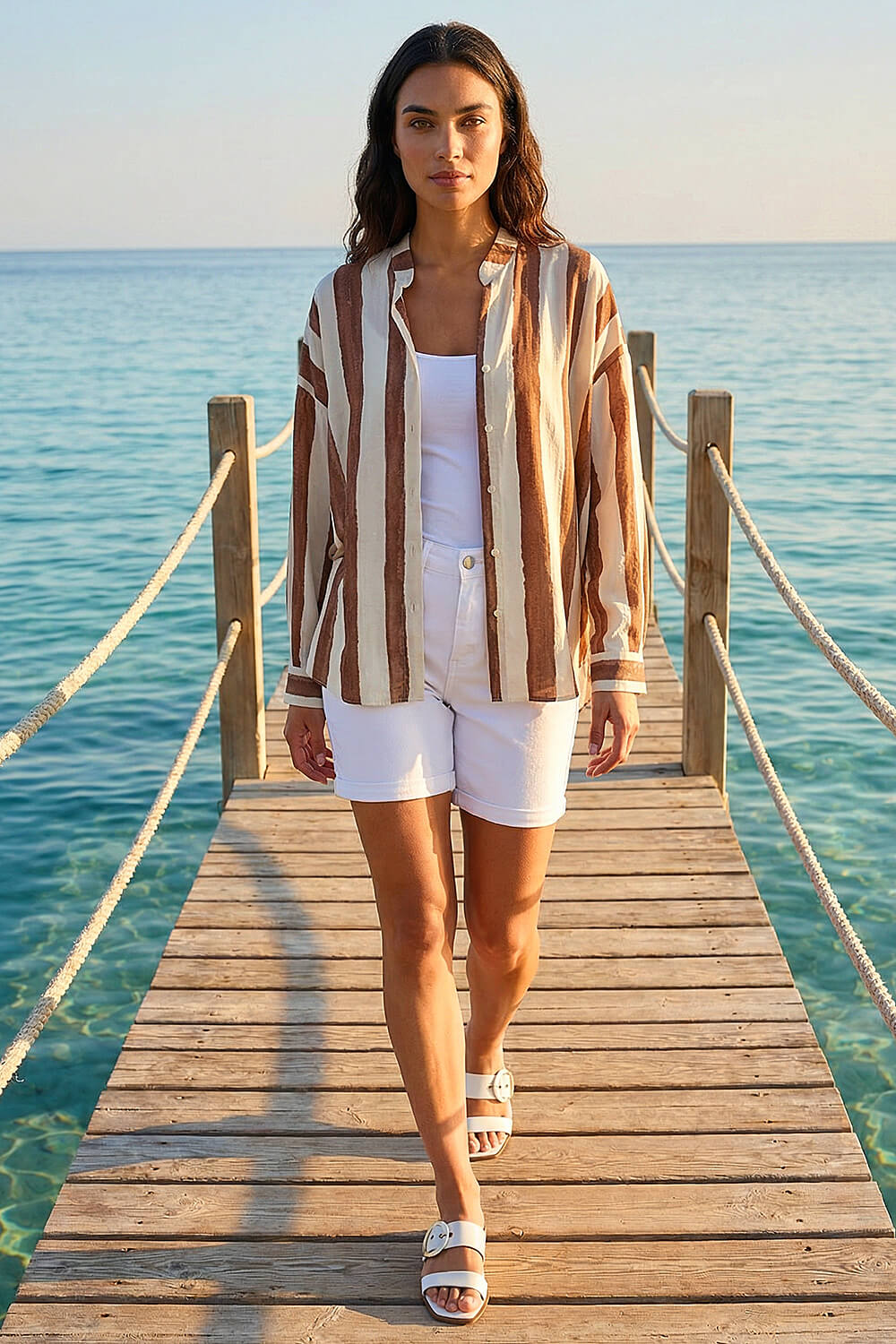 Brown Stripe Print Relaxed Button Shirt, Image 3 of 4