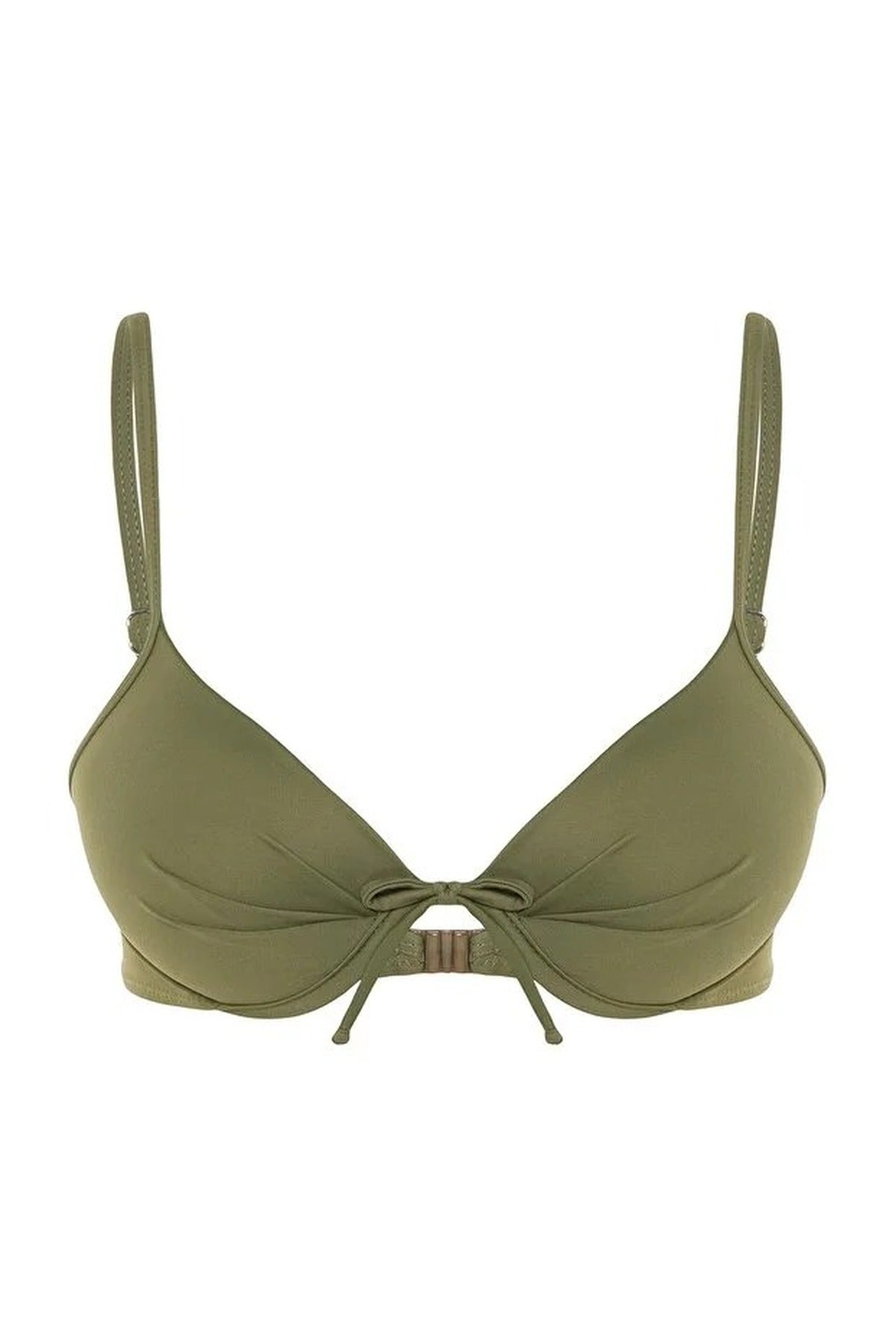 Khaki WOVCOR Khaki Bow Detail Padded Balconette Bikini Top, Image 3 of 5