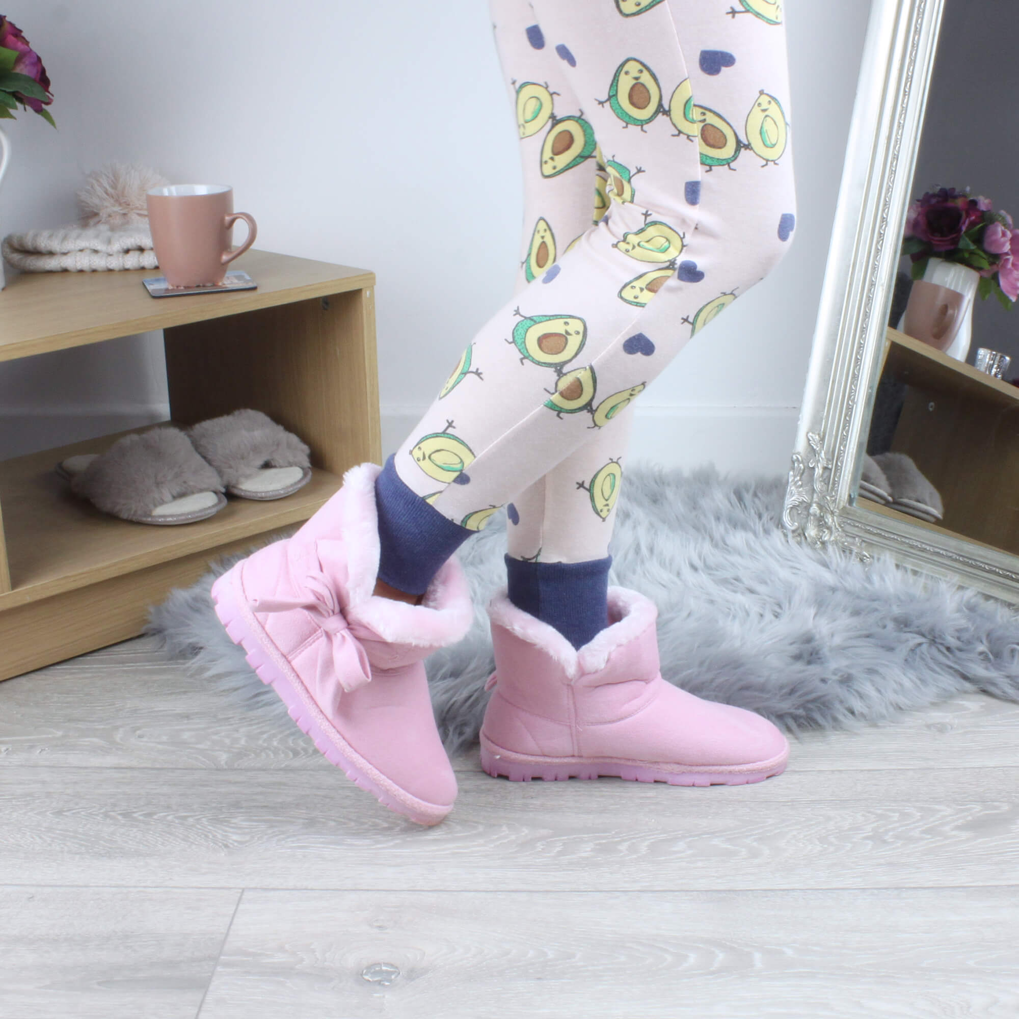 Pink Faux Fur Lined Ankle Boots Slippers, Image 5 of 6