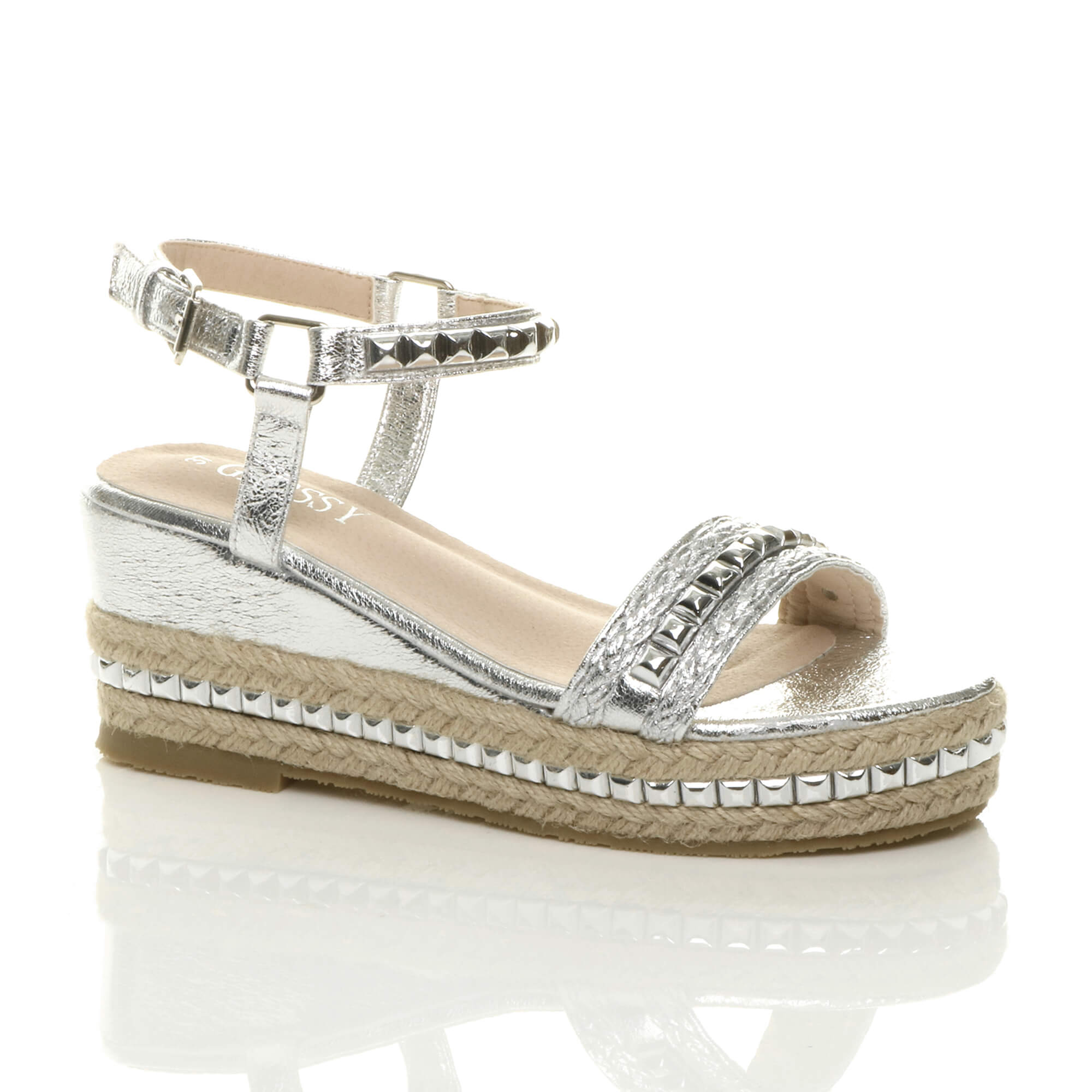 Silver Mid Wedge Studded Flatform Sandals Espadrilles, Image 1 of 6