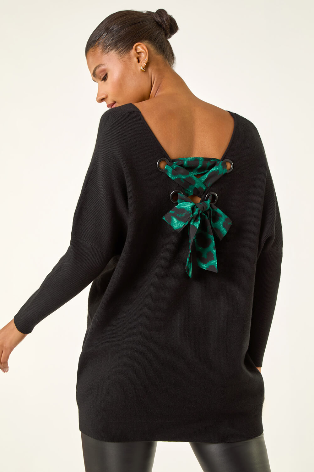Roman Women's Black Animal Print Eyelet Back Knit Jumper Medium