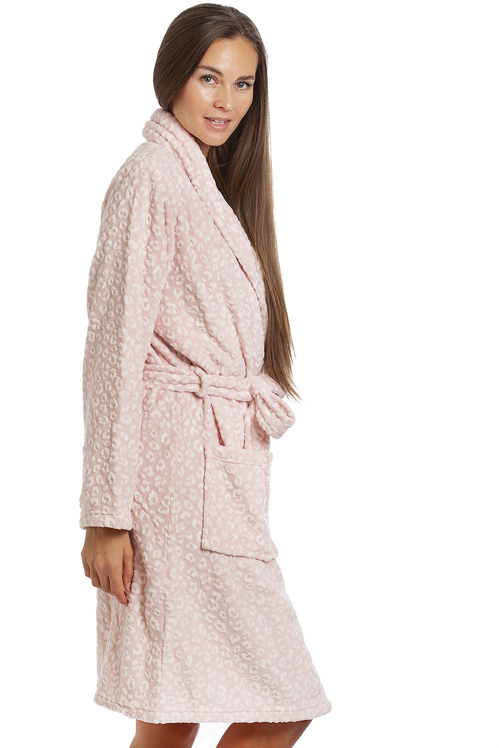 Light Pink Supersoft Shawl Collared Leopard Print Bathrobe, Image 5 of 5