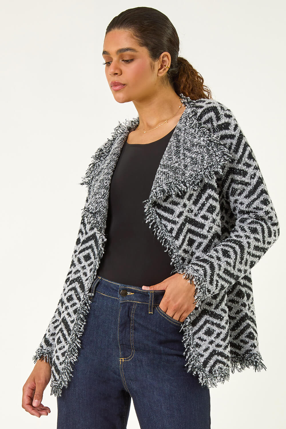 Black Geometric Fringe Collared Cardigan, Image 1 of 5