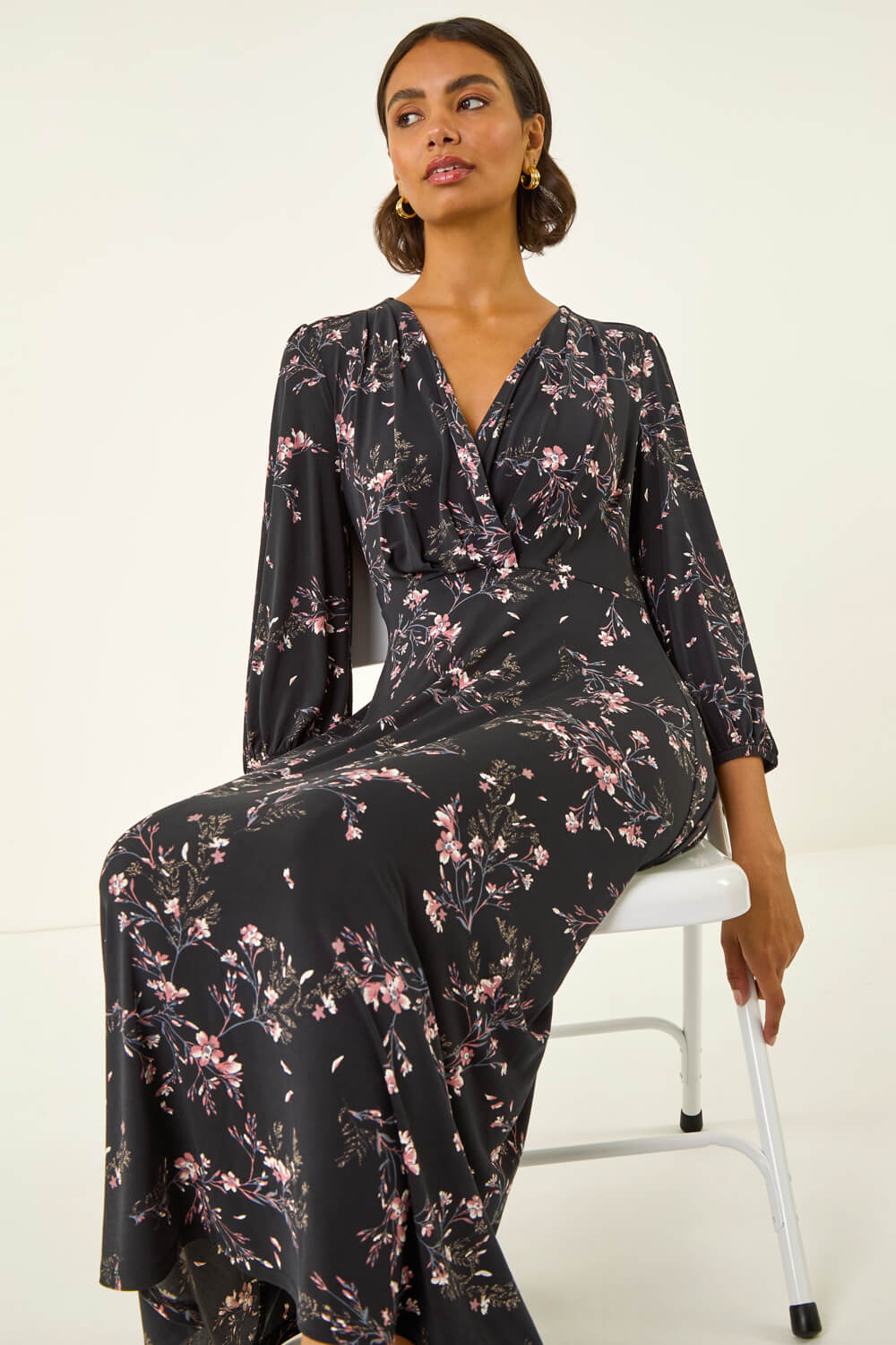 PINK Floral Print Stretch Midi Dress, Image 1 of 5