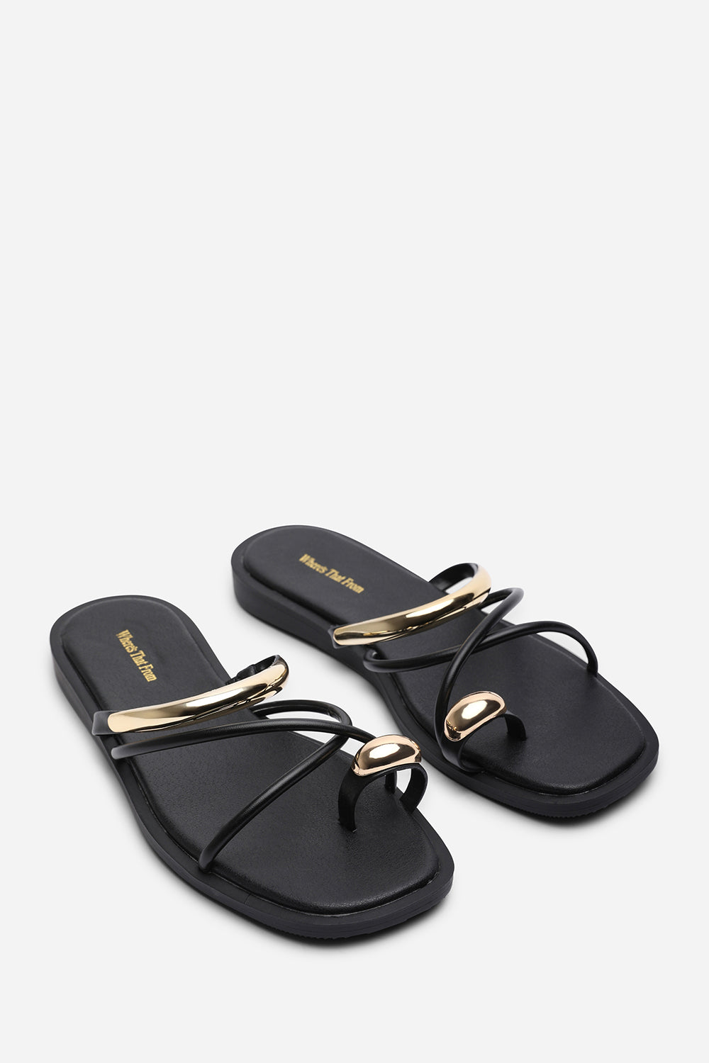 Black Zelina Strappy Metal Toe Loop Slide On Sandal, Image 4 of 6
