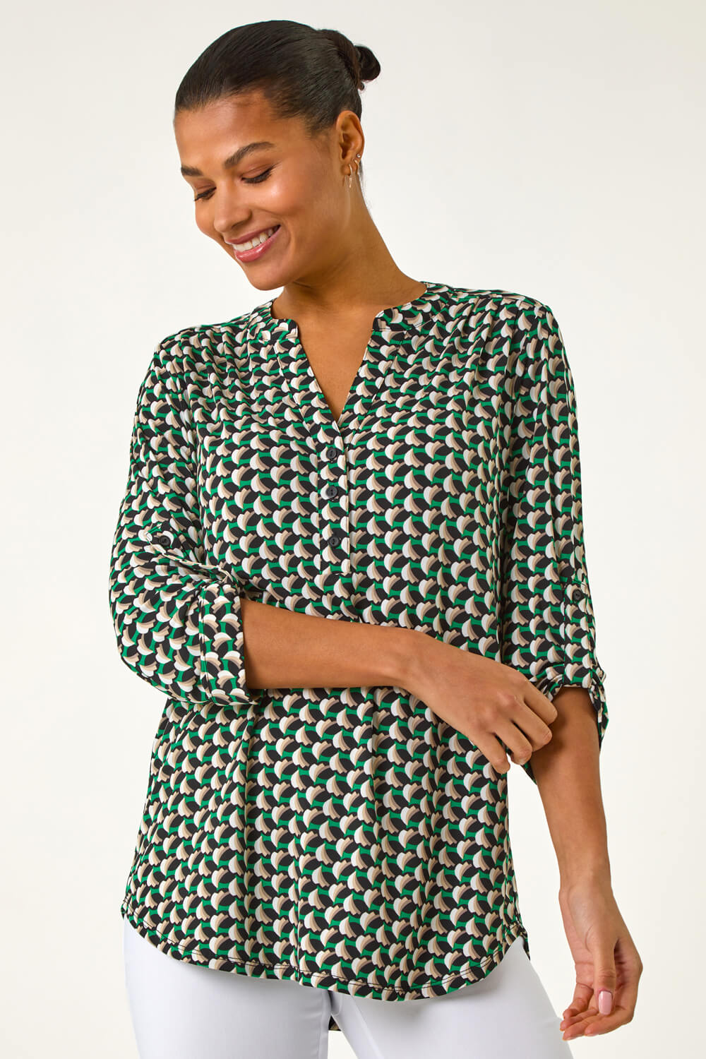Green Abstract Print V-Neck Button Stretch Shirt, Image 5 of 5