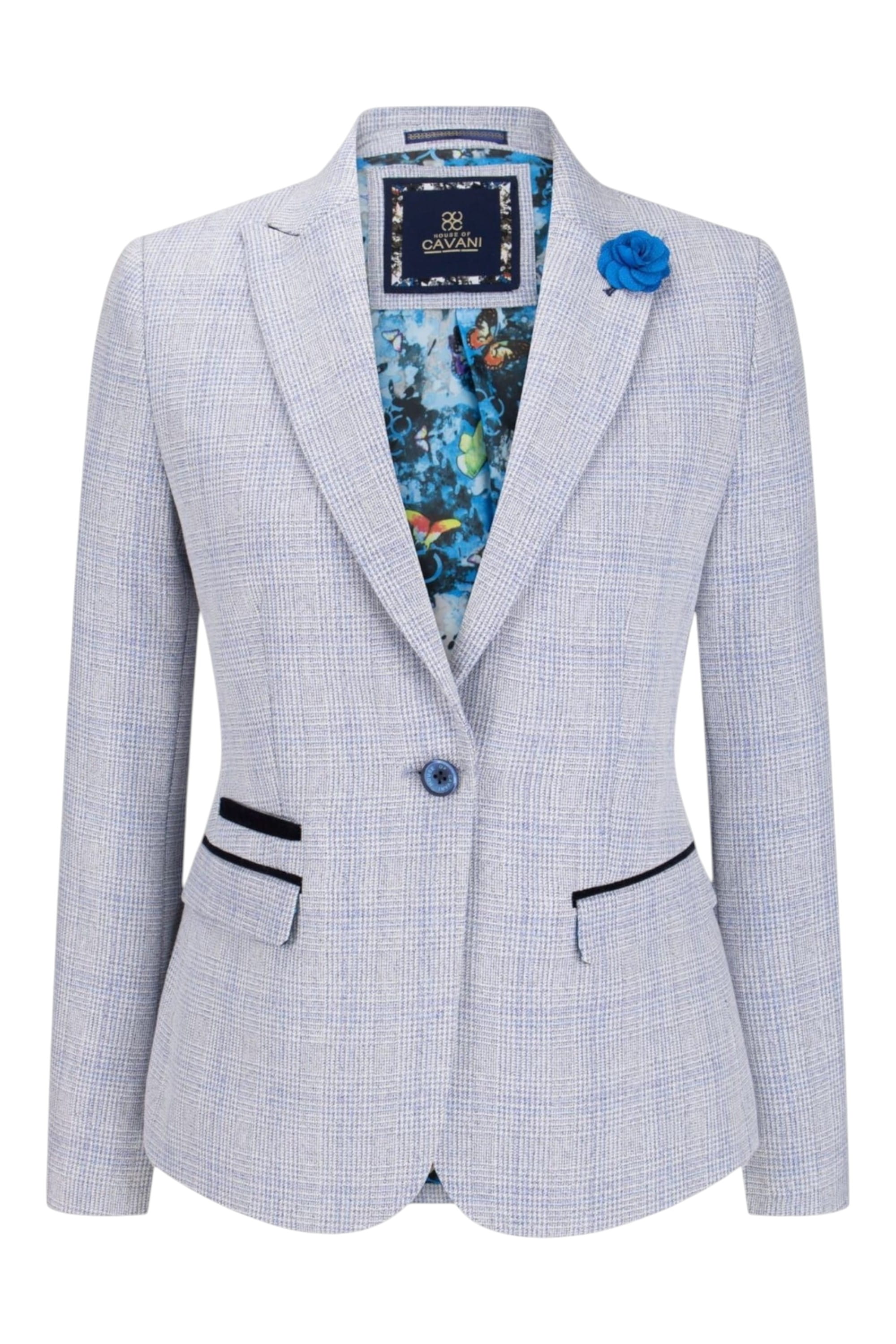 Blue Infinity Leather Blue Womens Blue Check Wool Blend Tweed Blazer, Image 1 of 5