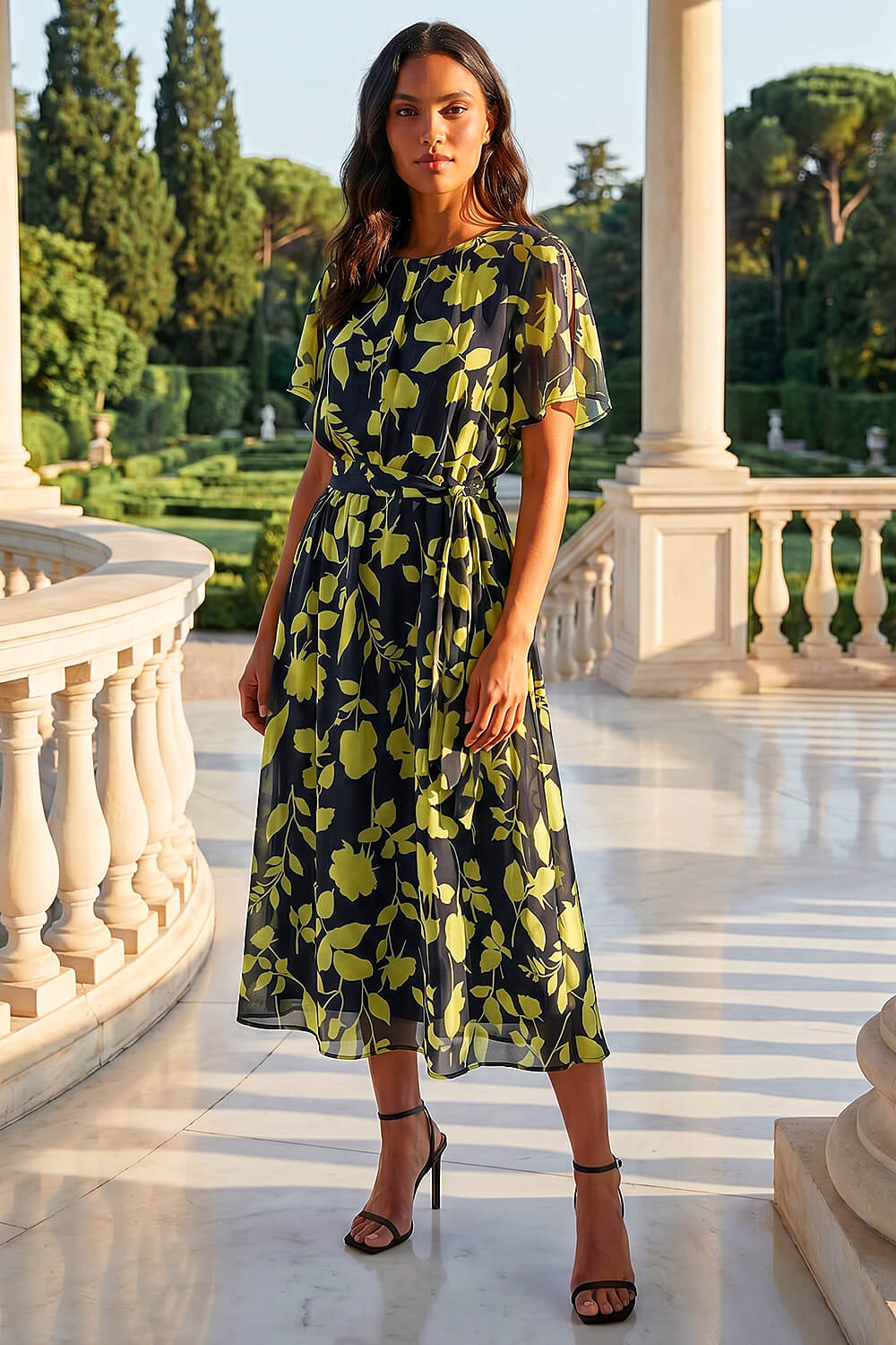 Navy Floral Split Sleeve Midi Dress , Image 4 of 4