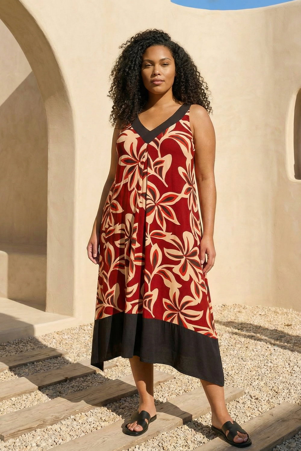Red Curve Floral Print V-Neck Dress, Image 3 of 4