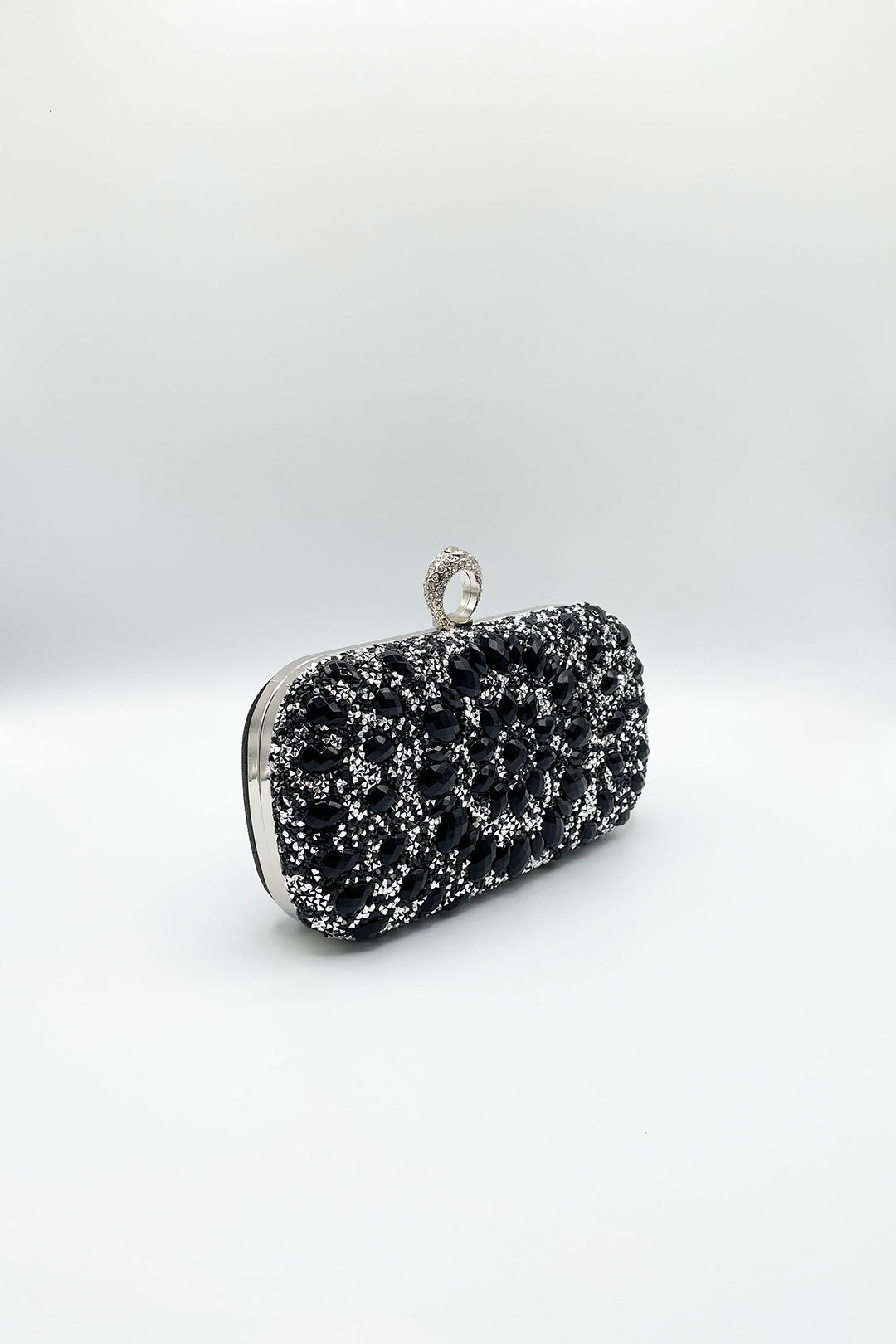Black Rhinestone Ring Clasp Clutch Bag, Image 4 of 5
