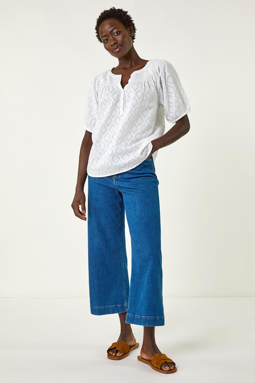 Ivory Shirred Neck Textured Top, Image 3 of 5