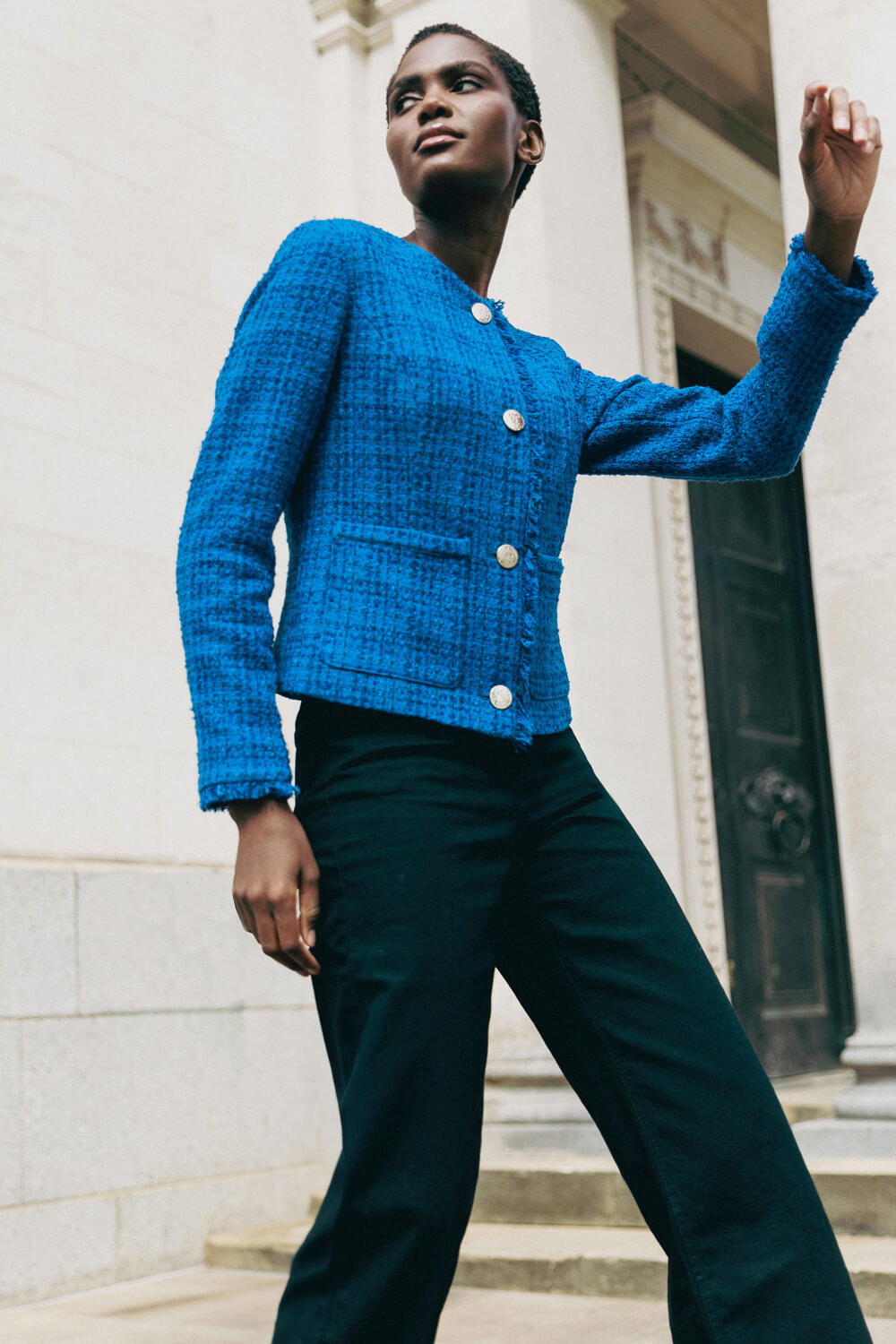 Blue Checked Boucle Button Detail Jacket, Image 7 of 6
