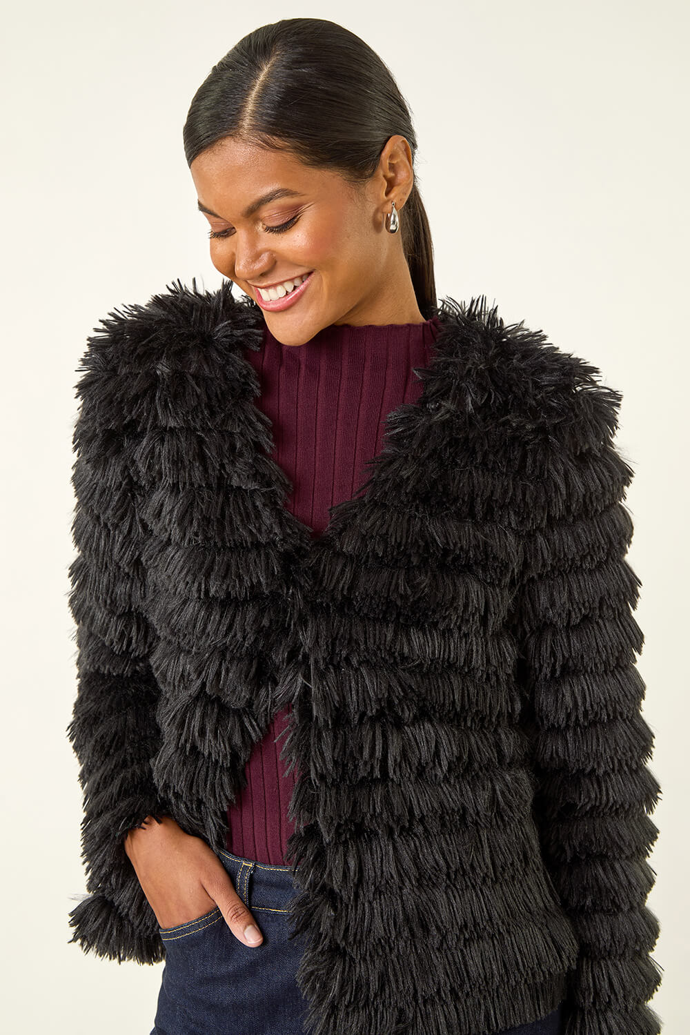 Black Faux Fur Fluffy Layered Jacket, Image 3 of 6