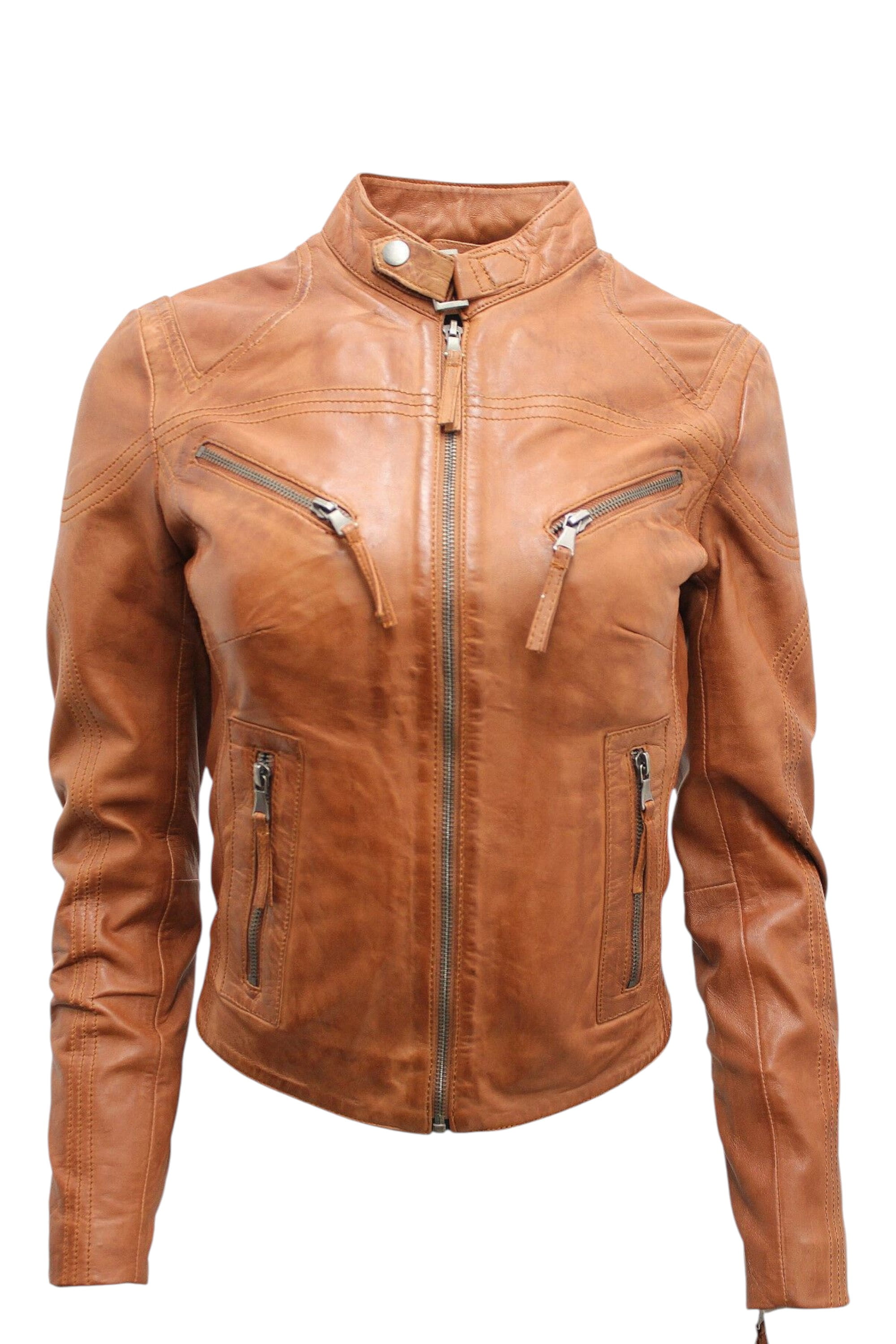 Brown Slim-Fit Leather Biker Jacket-Tulsa, Image 2 of 5