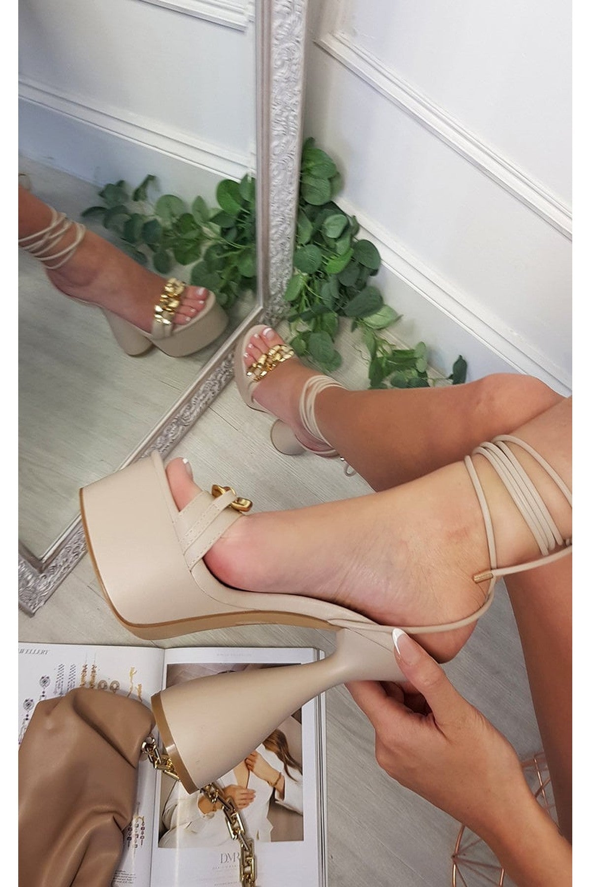 Neutral iKrush Neutral Becky Lace Up High Heels With Chain Detail, Image 2 of 3