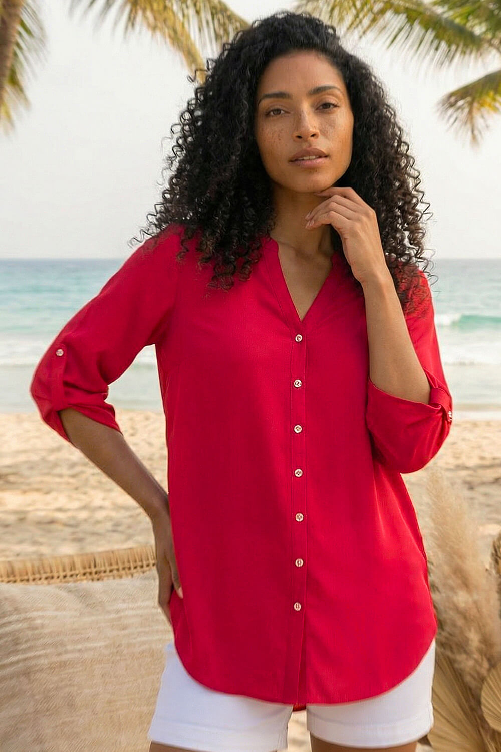 Red Notch Neck Longline Blouse, Image 3 of 4