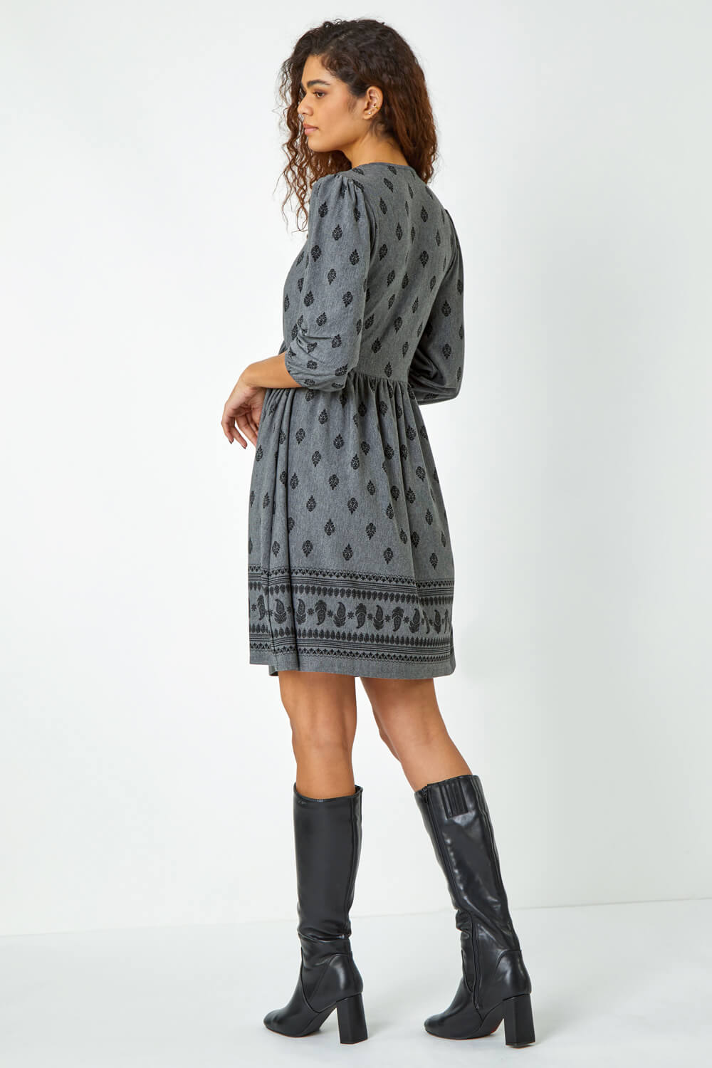Grey Paisley Border Print Stretch Dress , Image 4 of 5