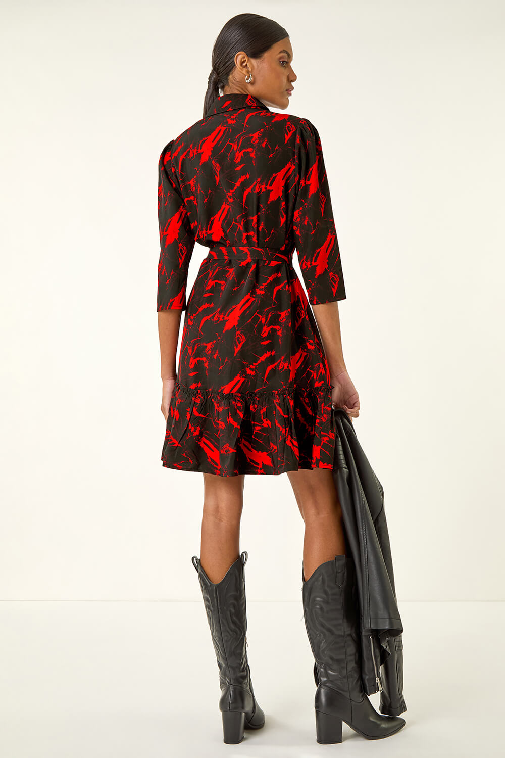 Red Abstract Print Tie Waist Shirt Dress, Image 5 of 5