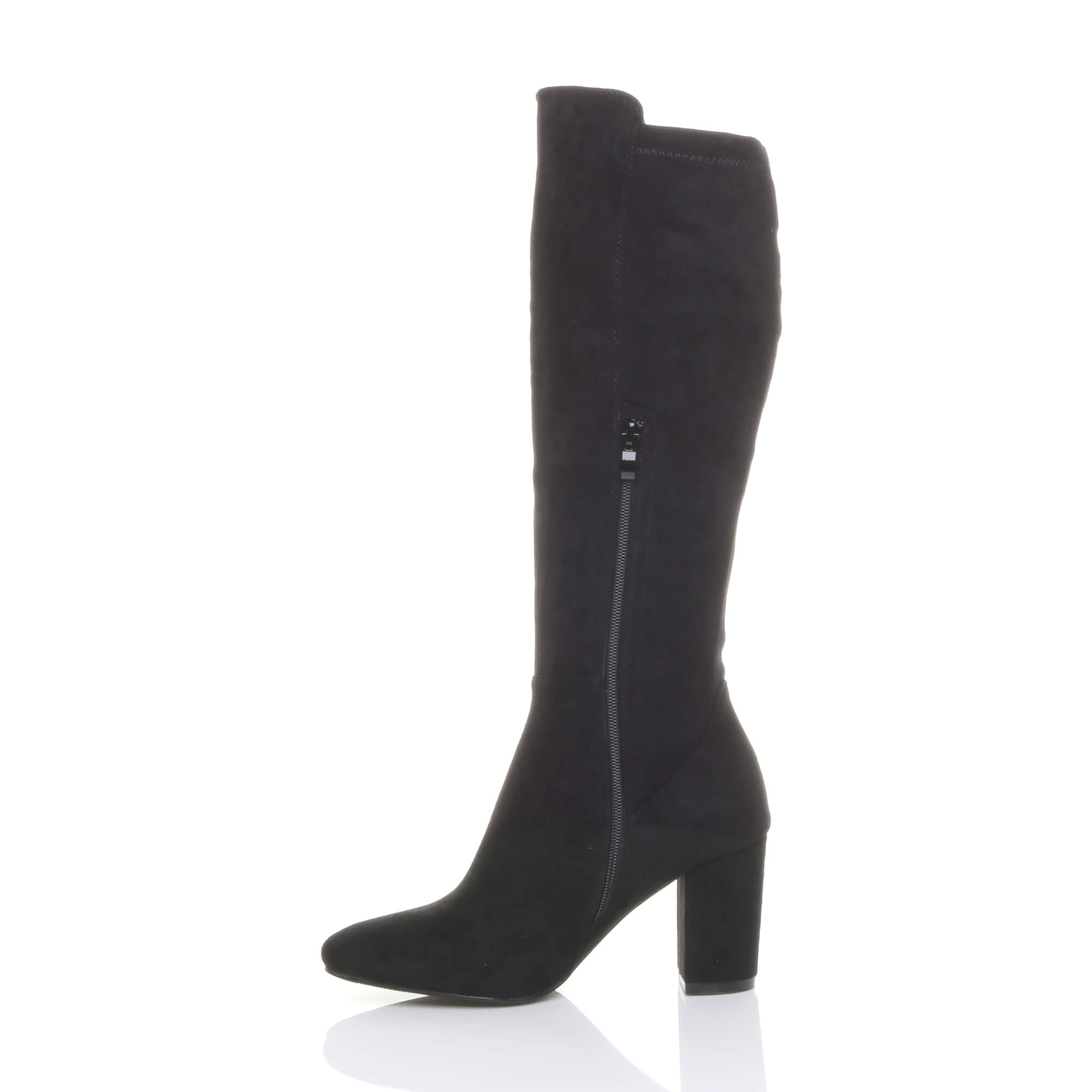 Black AJVANI Black High Block Heel Stretchy Calf Boots, Image 3 of 5