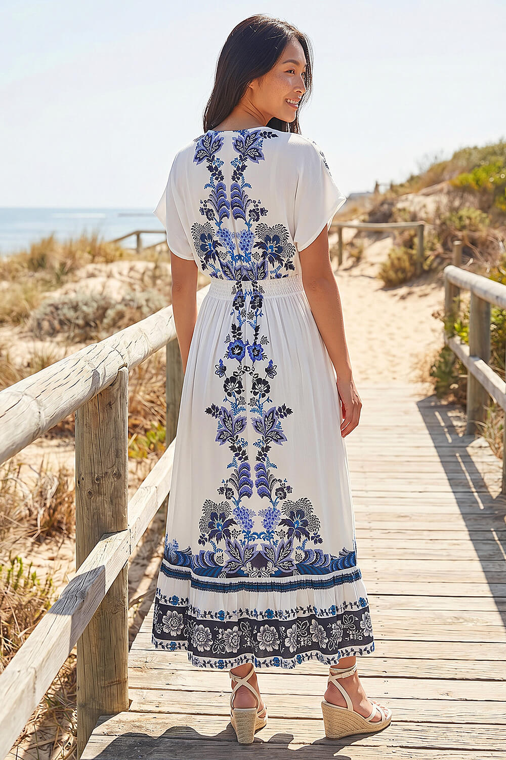 Blue Petite Border Print V-Neck Midi Dress , Image 4 of 4