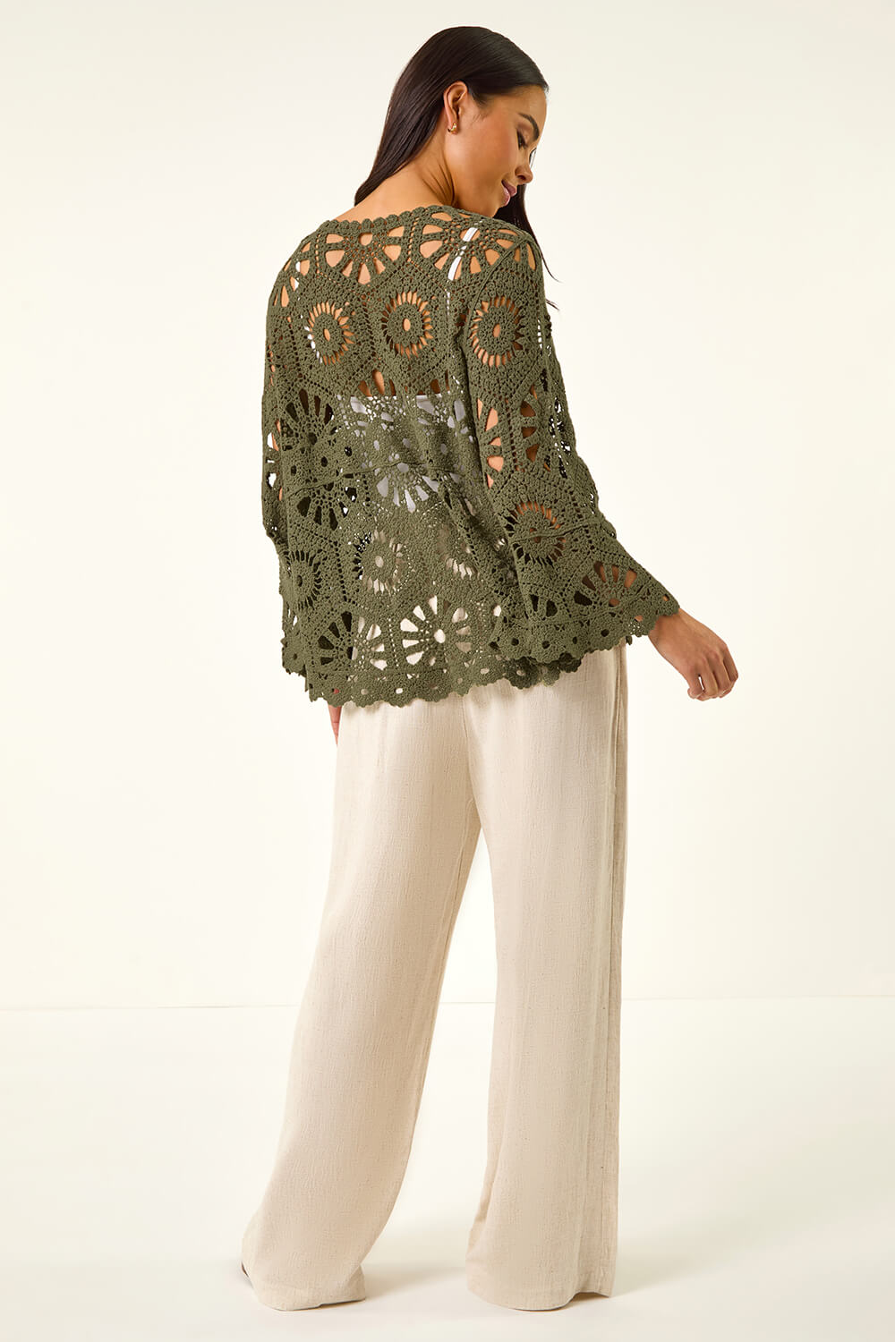 Khaki Petite Crochet Flare Sleeve Top, Image 4 of 5