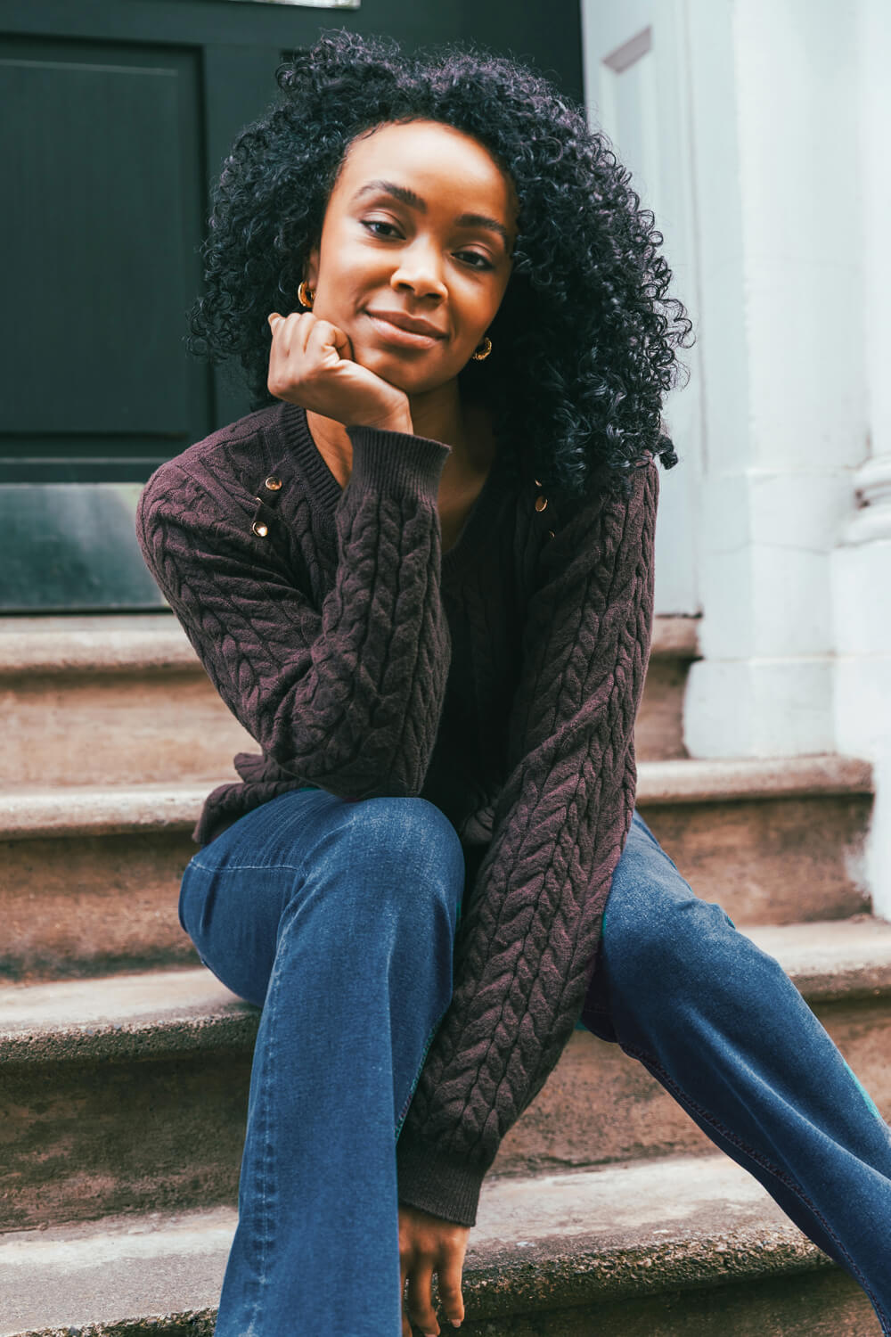 Chocolate Petite Button Cable Knit Jumper, Image 1 of 7