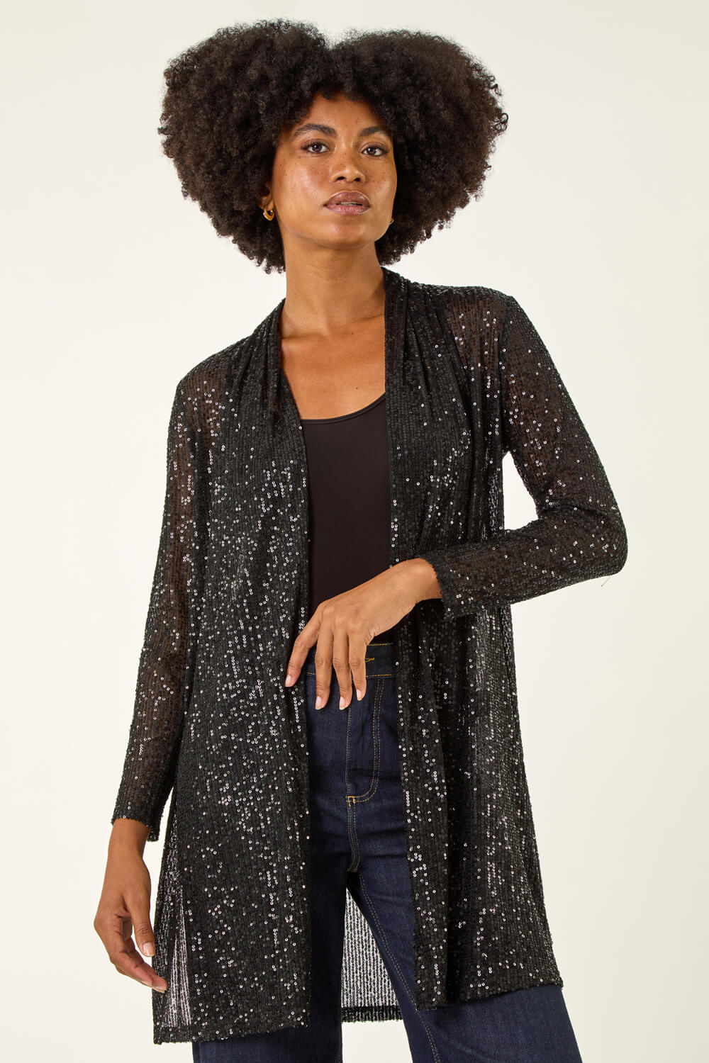 Black Sequin Longline Kimono, Image 3 of 5