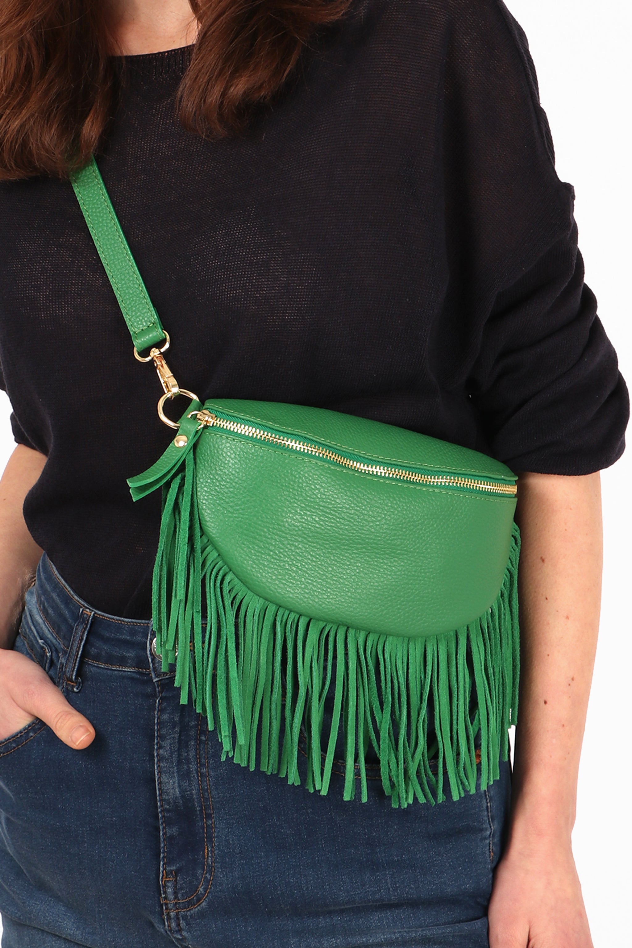 Green Fringed Half Moon Leather Crossbody Bag, Image 5 of 5