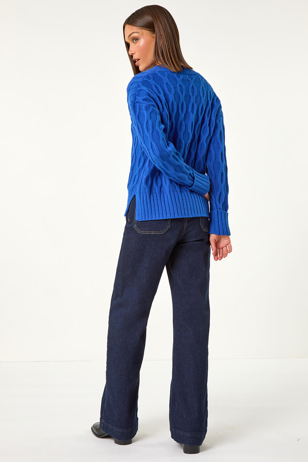 Royal Blue V-Neck Cable Knit Jumper, Image 4 of 5