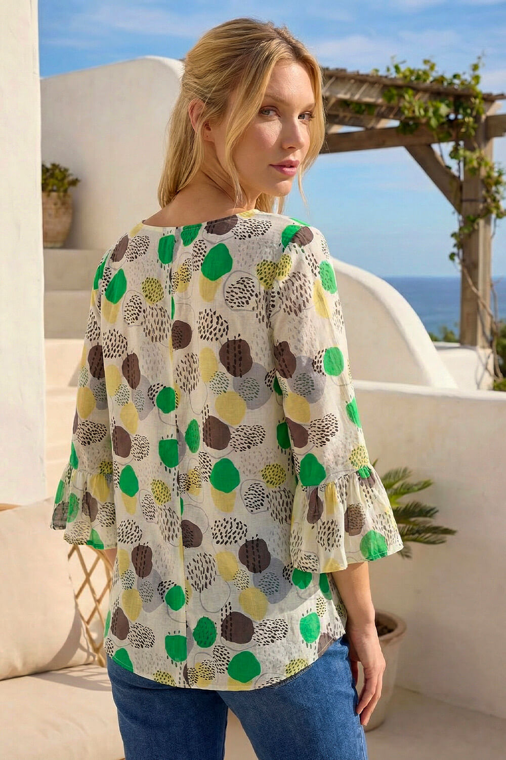 Green Abstract Spot Flare Sleeve Top, Image 4 of 4