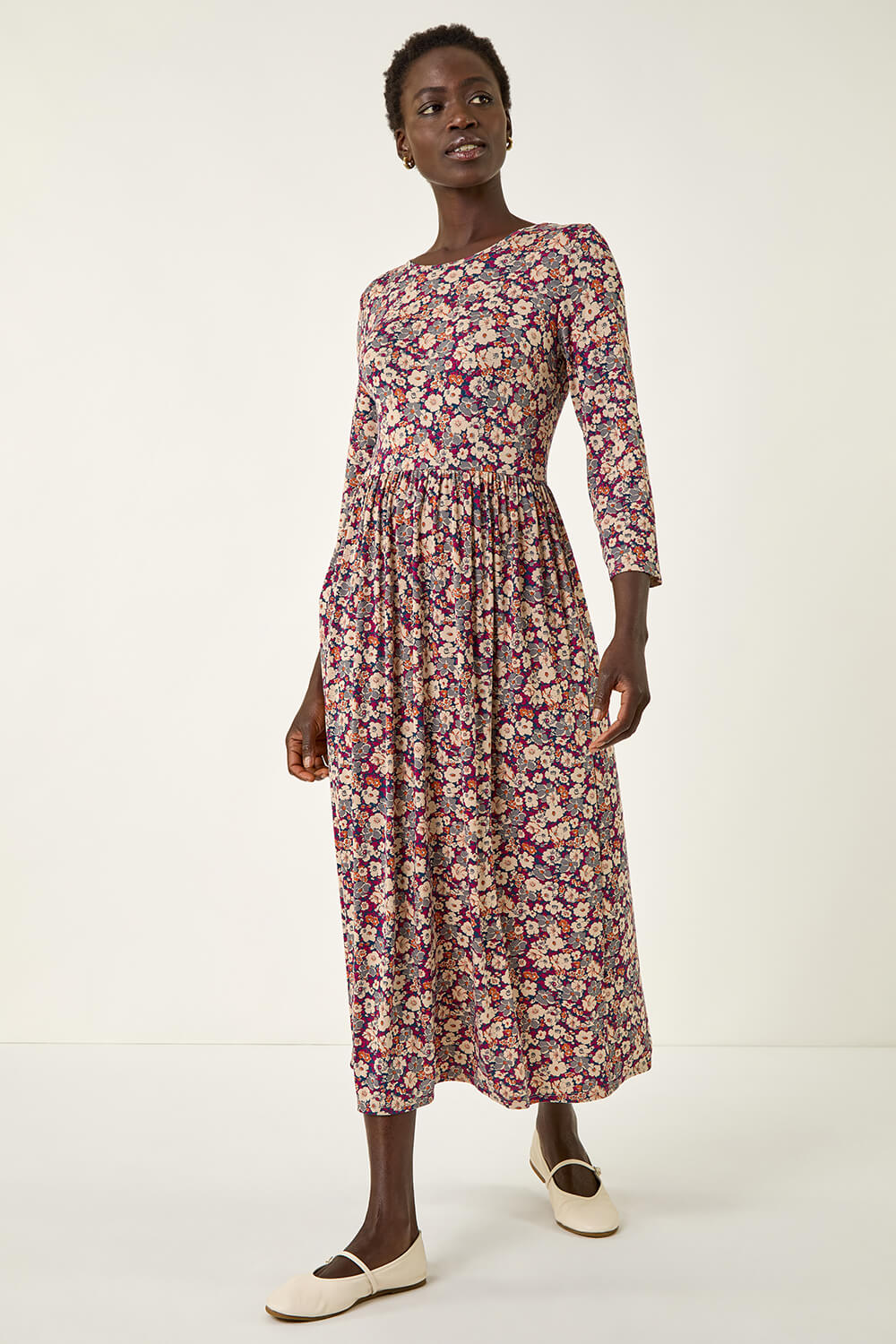 Stone Multi Floral Gathered Midi Dress, Image 3 of 5