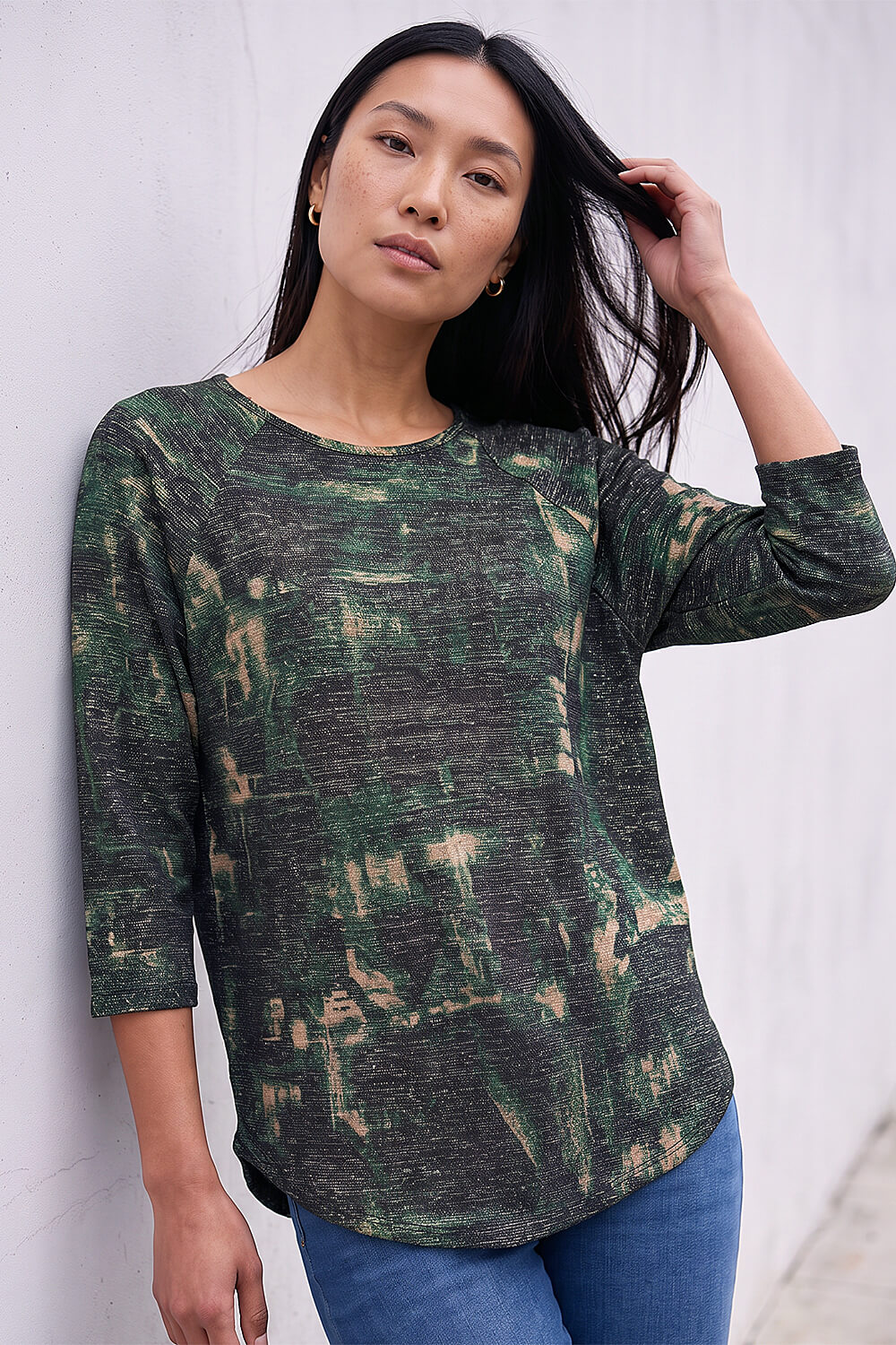 Roman Women's Green Textured Printed Stretch Top Size 12