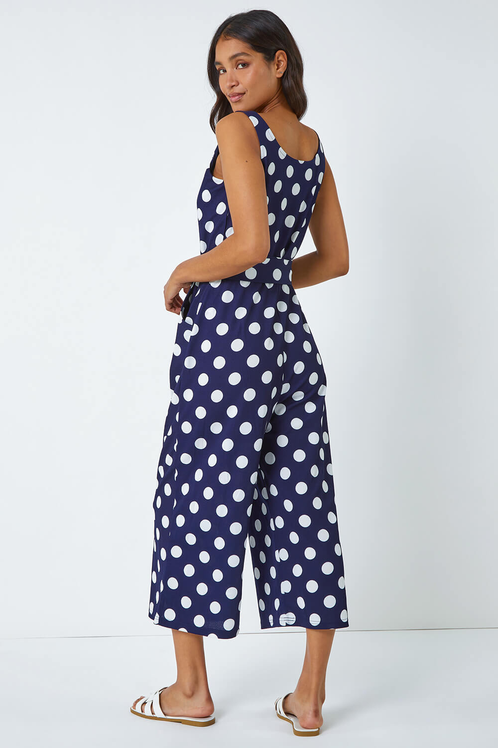 Navy  Spot Print Belted Jumpsuit, Image 4 of 5