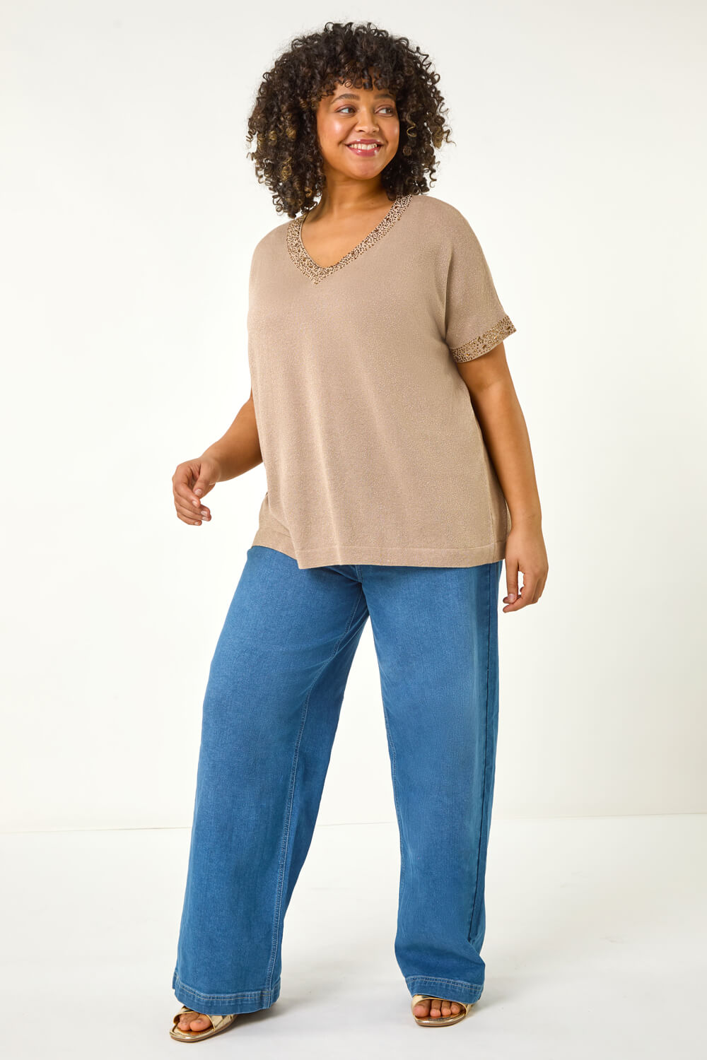Gold Curve Sparkly V-Neck Knit Top, Image 3 of 5