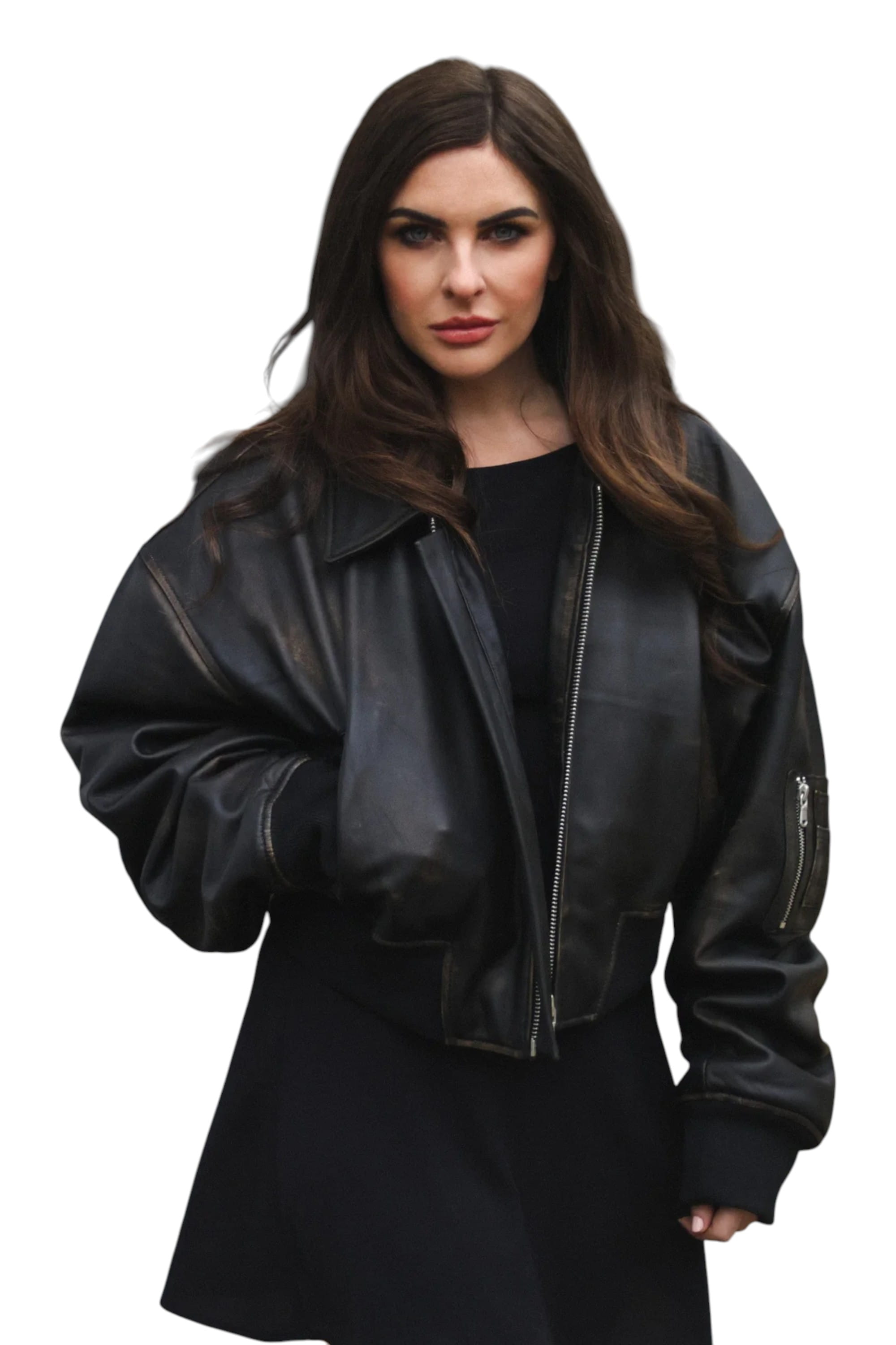Charcoal Womens Oversized Leather Bomber Jacket, Image 1 of 5