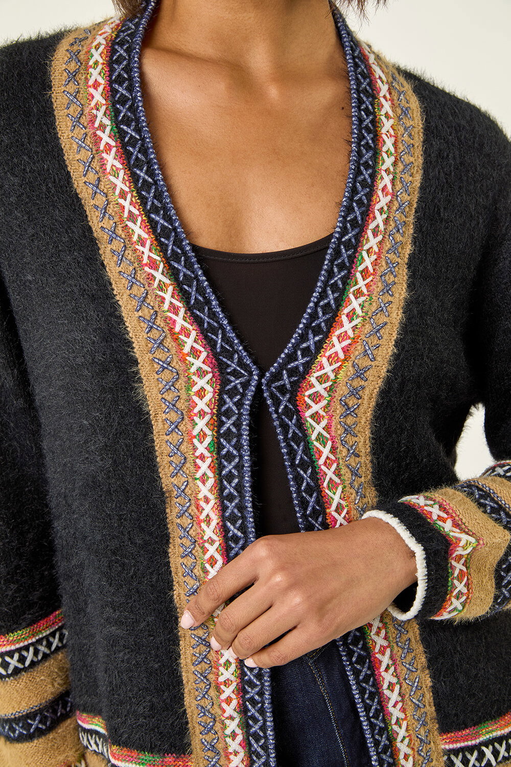 Black Cross Stitch Detail Knit Cardigan, Image 6 of 5