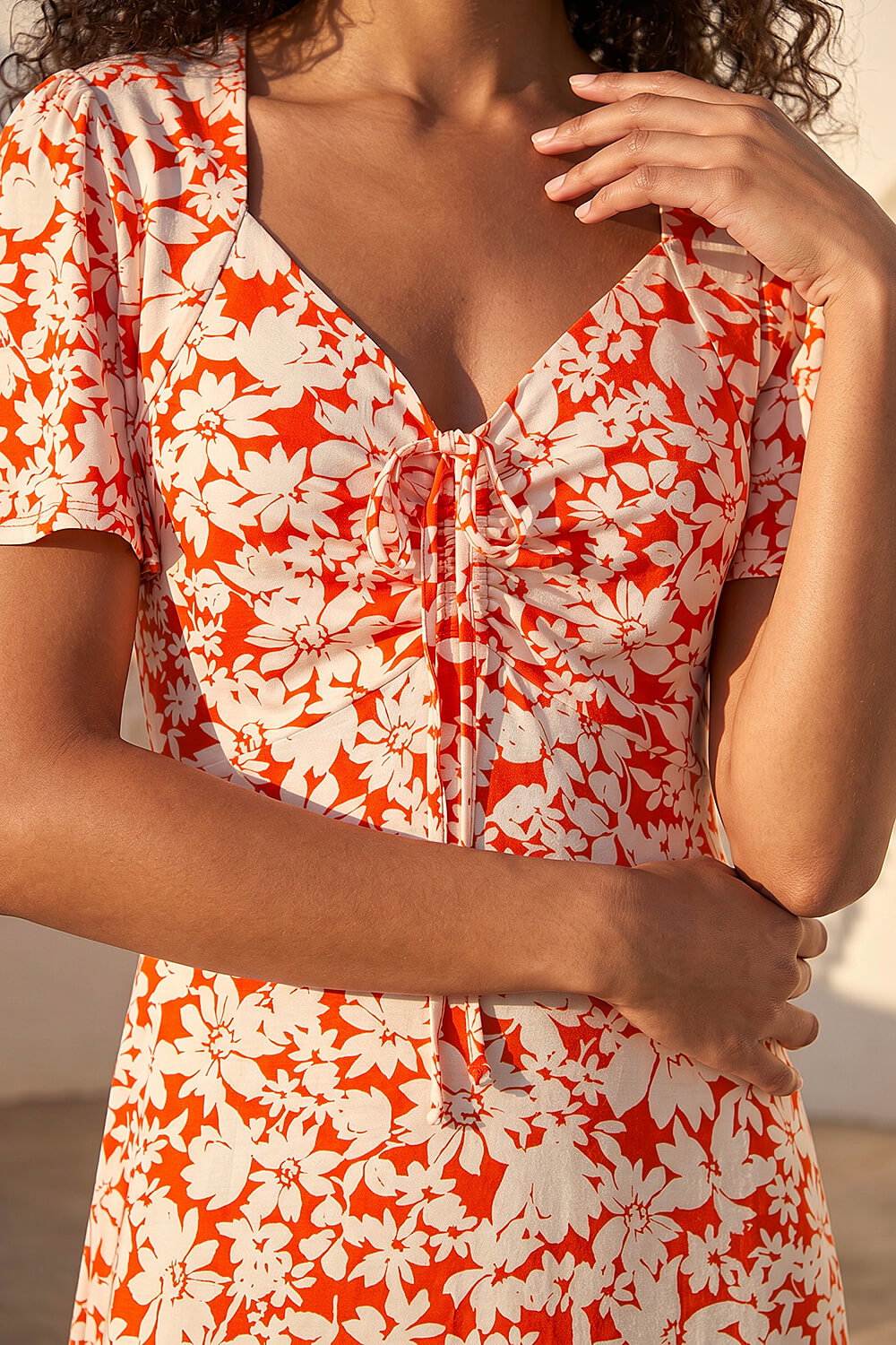Orange Petite Floral Ruched Midi Dress, Image 5 of 4