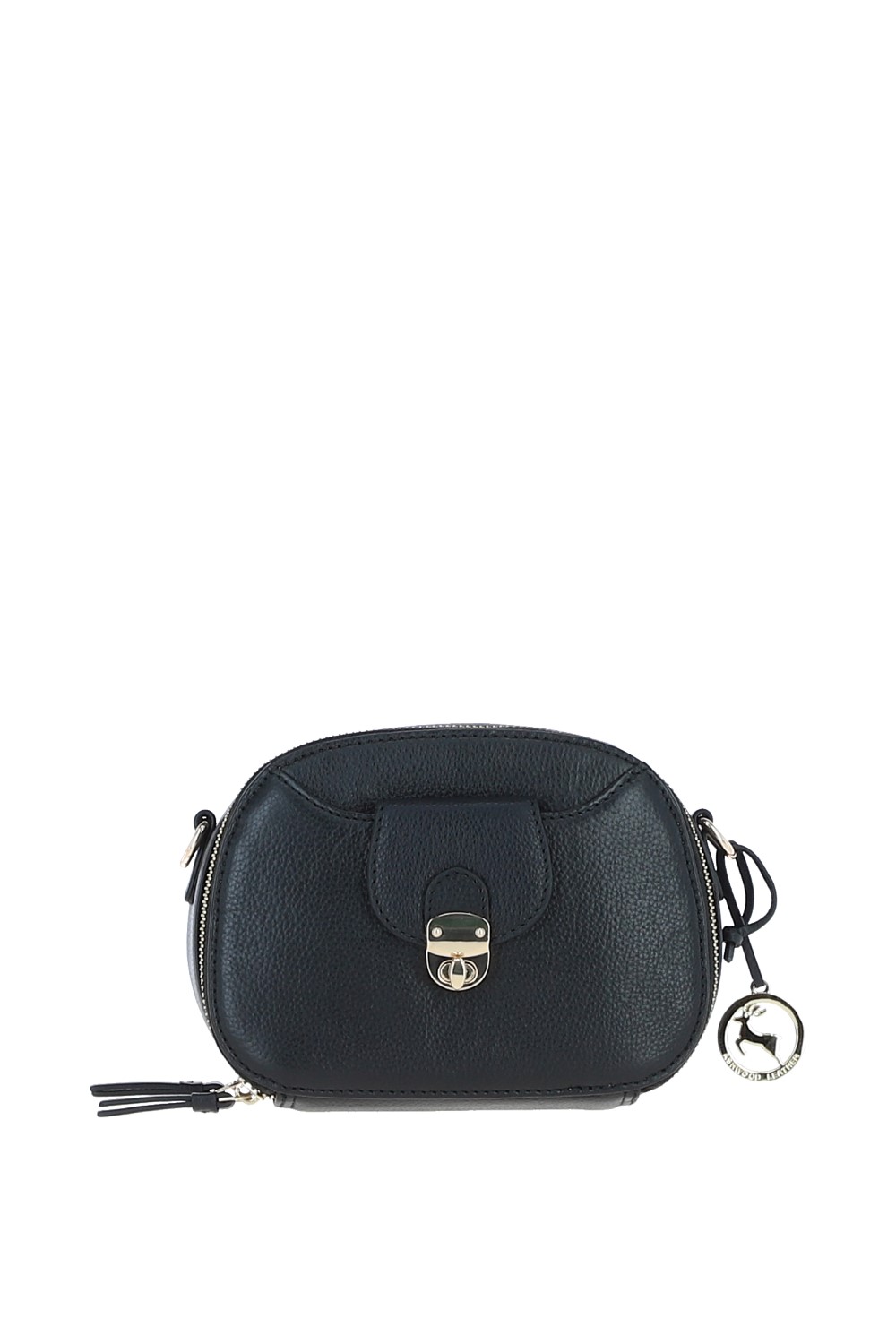 Black Real Leather Compact Crossbody Bag with Adjustable Strap, Image 1 of 4