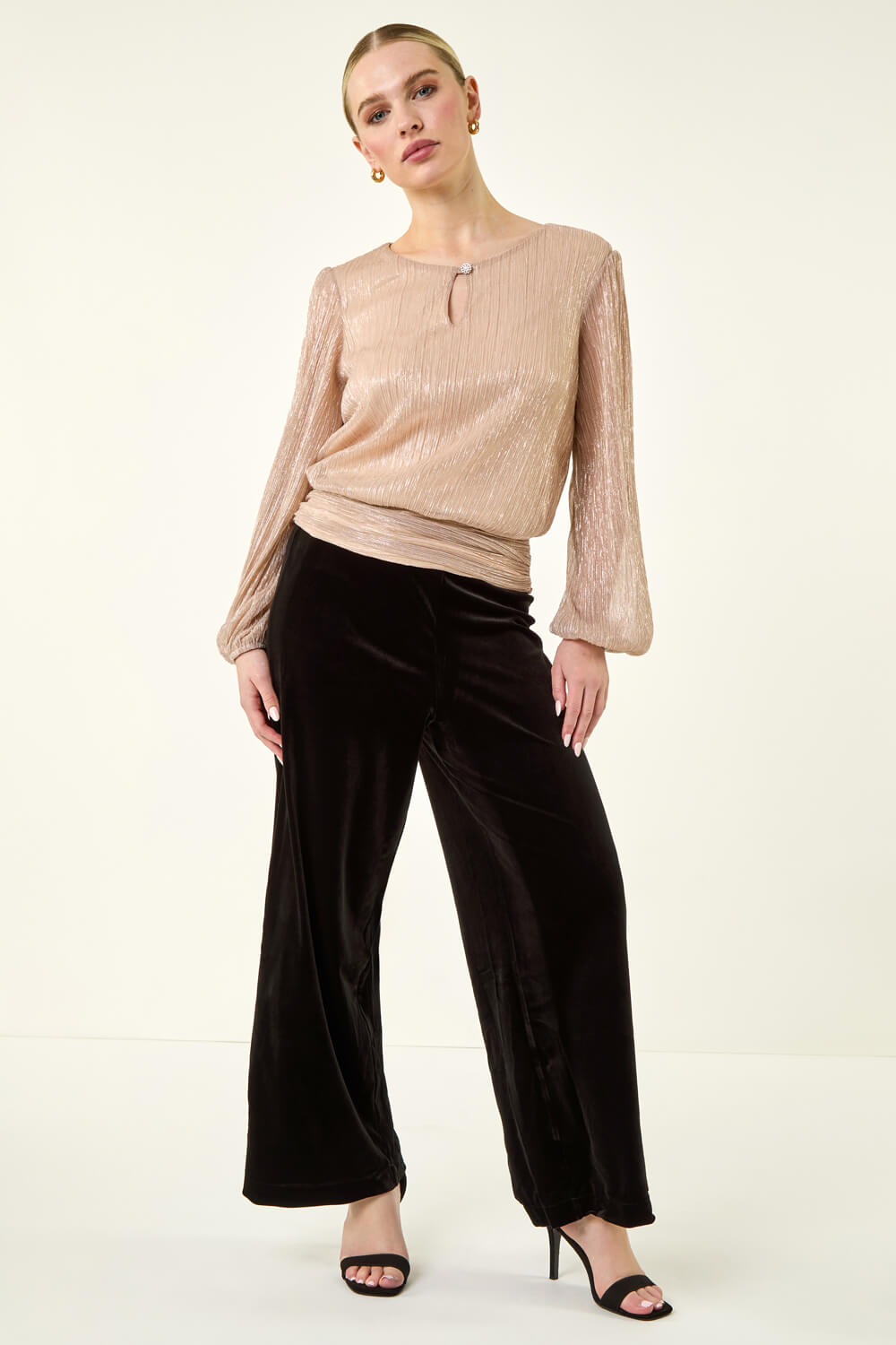 Black Petite Wide Leg Velvet Stretch Trouser, Image 3 of 5