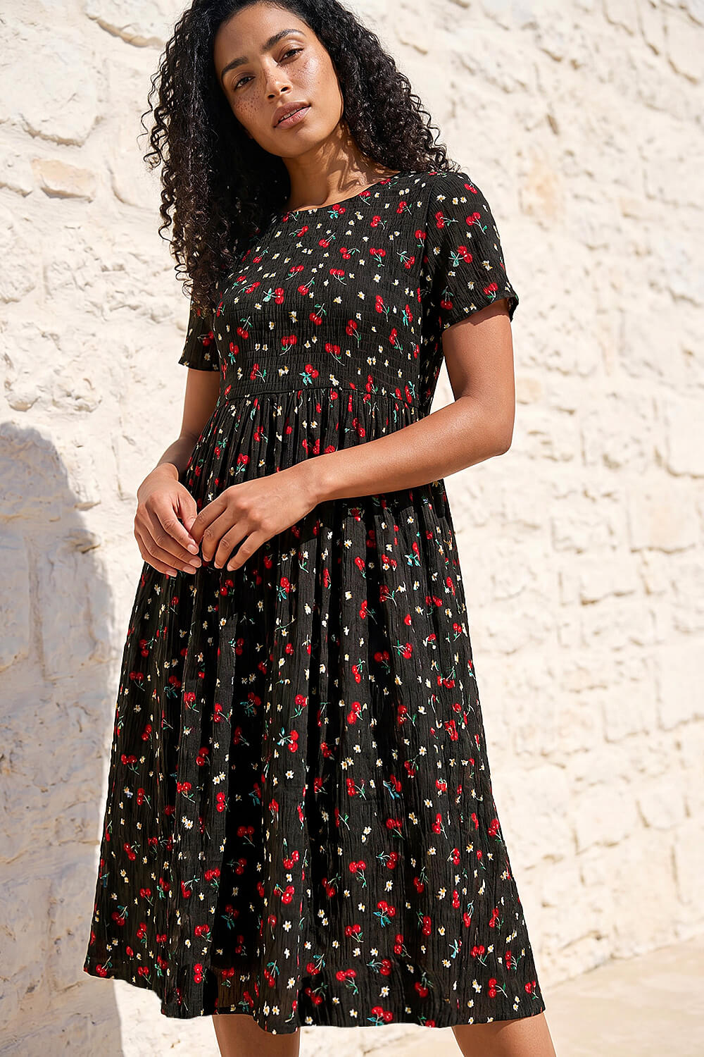 Black Cherry Print Midi Smock Dress, Image 3 of 4